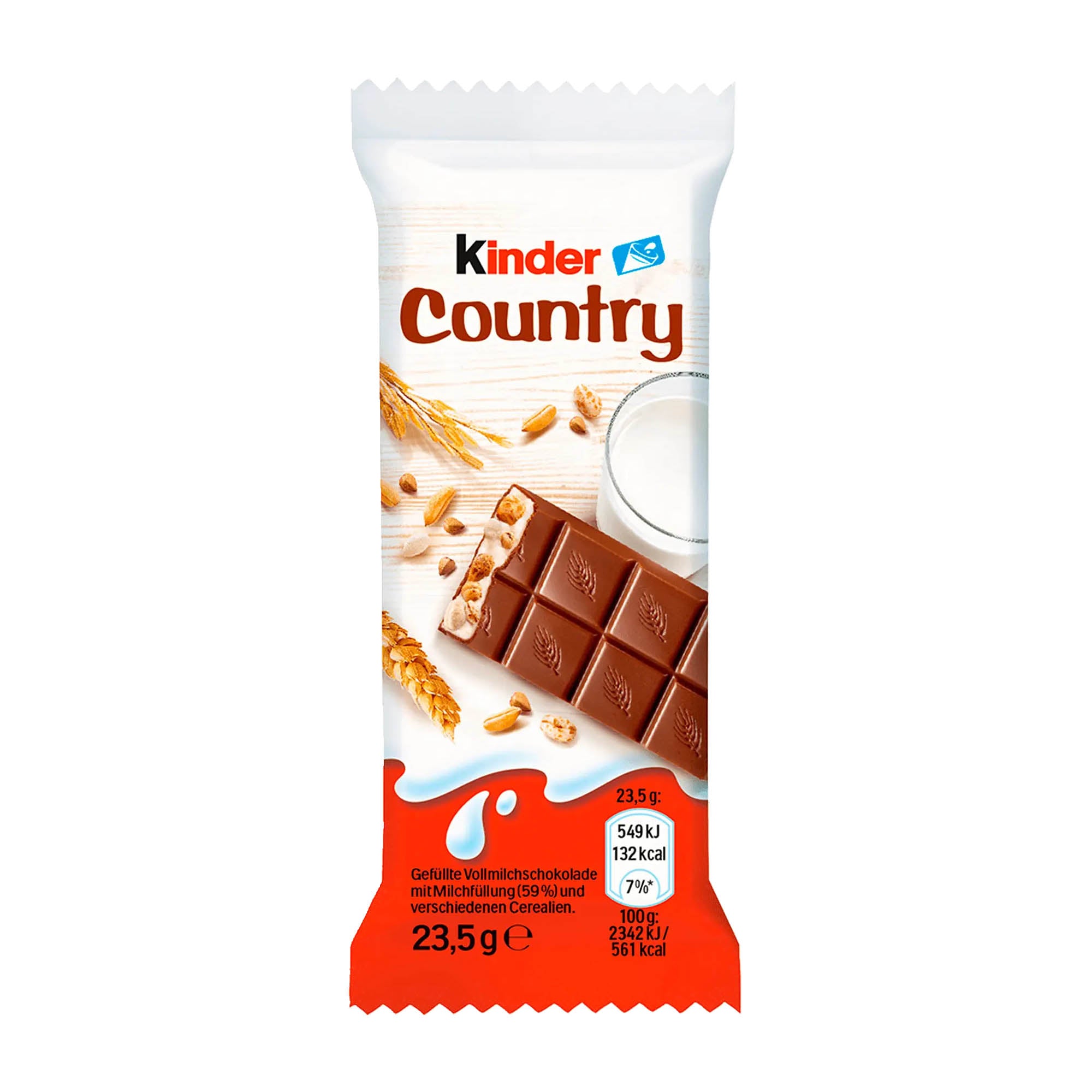 Packaging of kinder Country cereal chocolate bar, displaying the bar and the toasted cereals with milk cream filling, 23.5g weight indication, and 'Made in Germany' text.