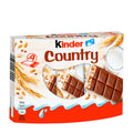 Packaging of kinder Country cereal chocolate bars showing the bars with milk chocolate and toasted cereals, and the text '9x 23.5 g' indicating the quantity and weight.