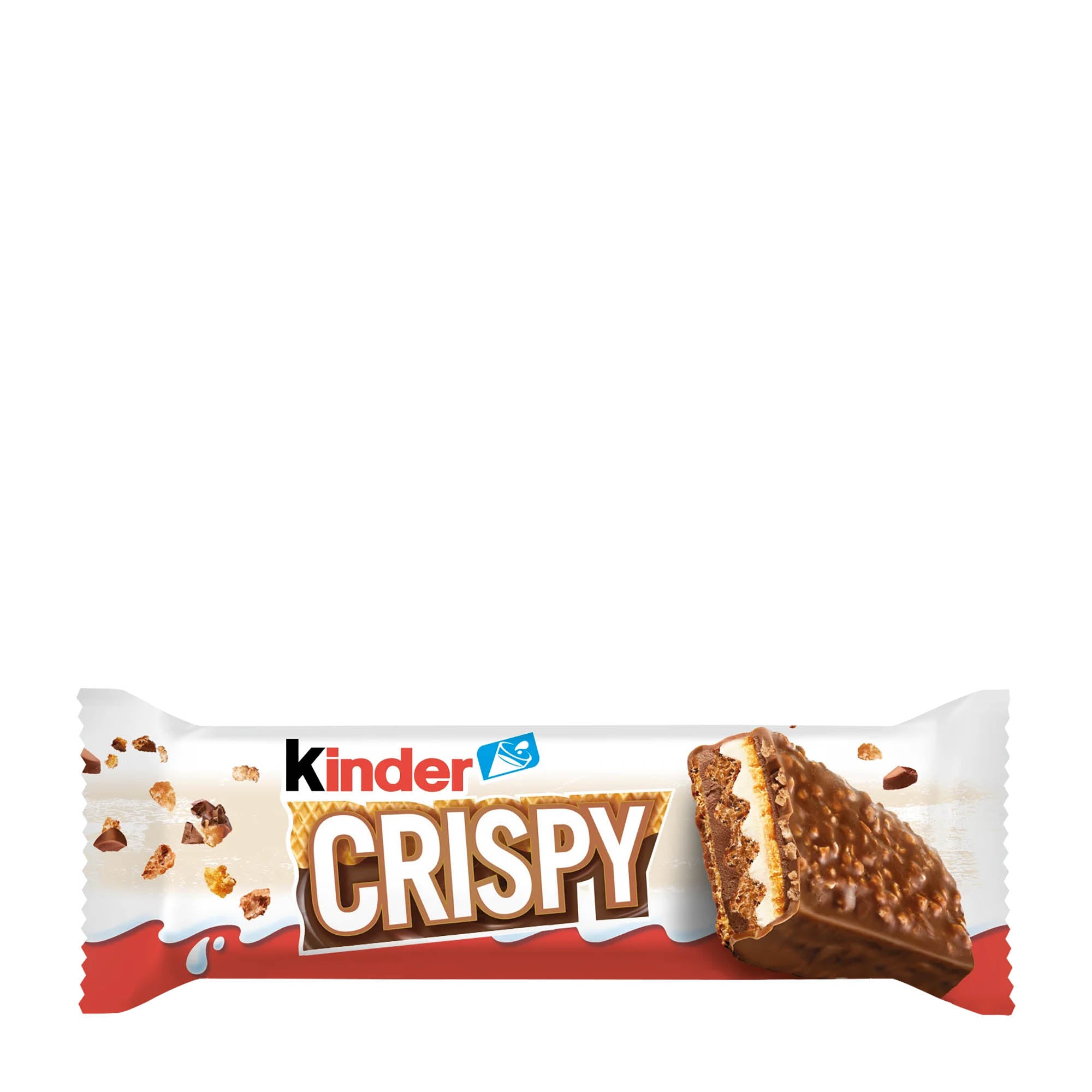 Packaging of Kinder Crispy hazelnut wafer bar showing the product name, an image of the bar, and the hazelnut components.