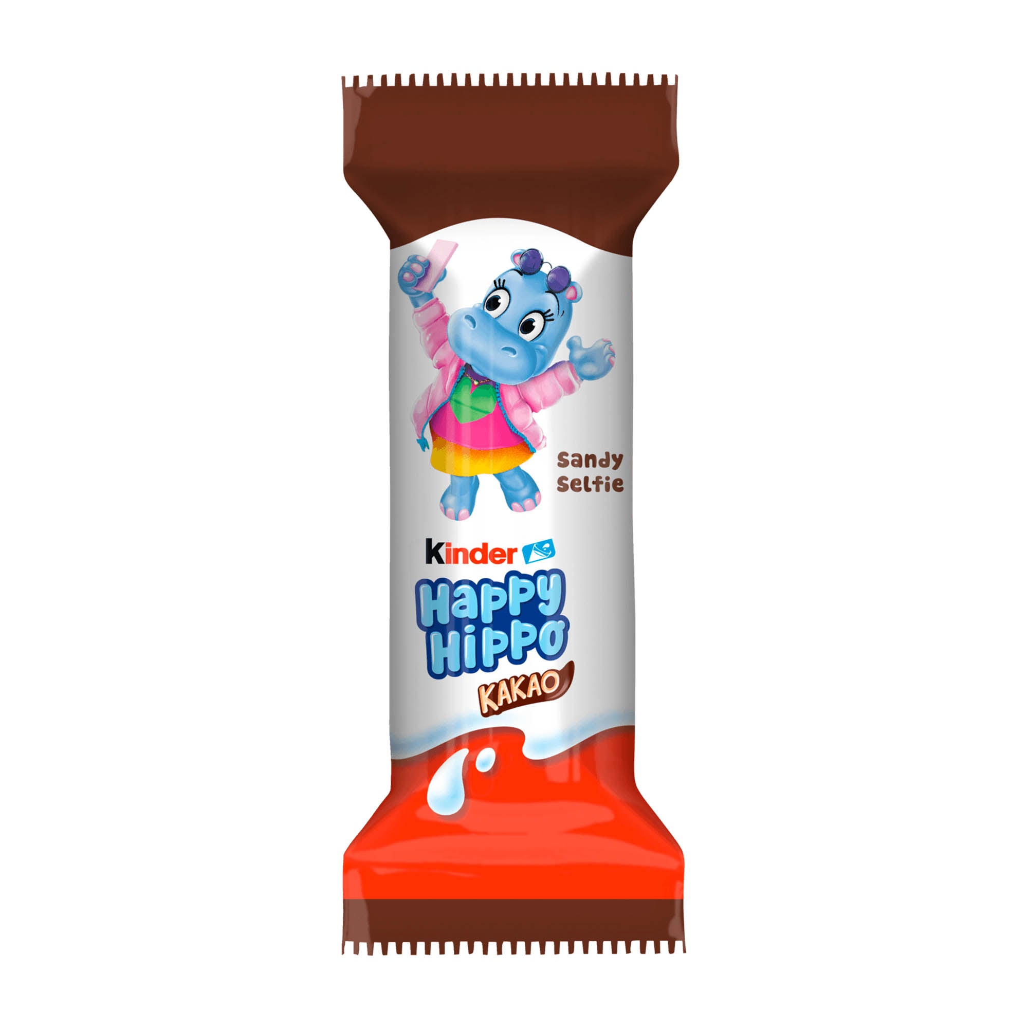 Packaging of Kinder Happy Hippo cocoa wafer showing the product and the character Sandy the Hippo