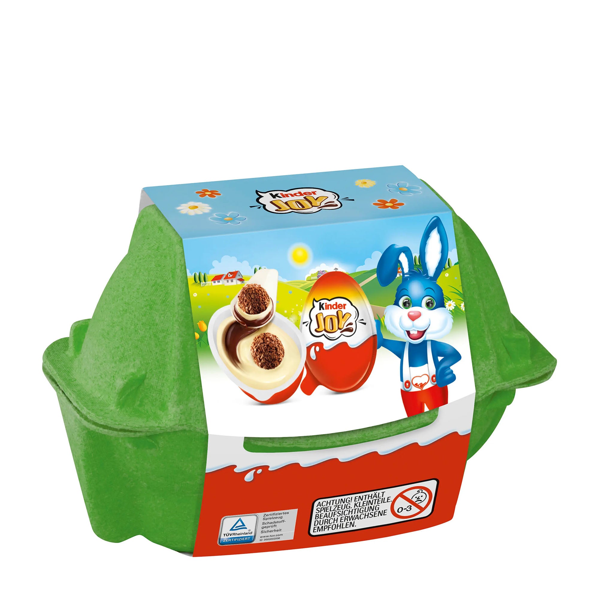 Green easter egg carton of Kinder Joy Easter duopack on a white background.