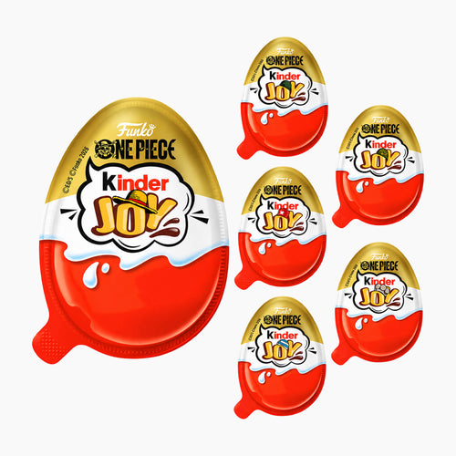 Six Kinder Joy One Piece milk chocolate eggs arranged on a plain white background, with one large egg and five smaller eggs. The packaging features the Kinder Joy logo with a gold top half and red bottom half with white chocolate drizzle.