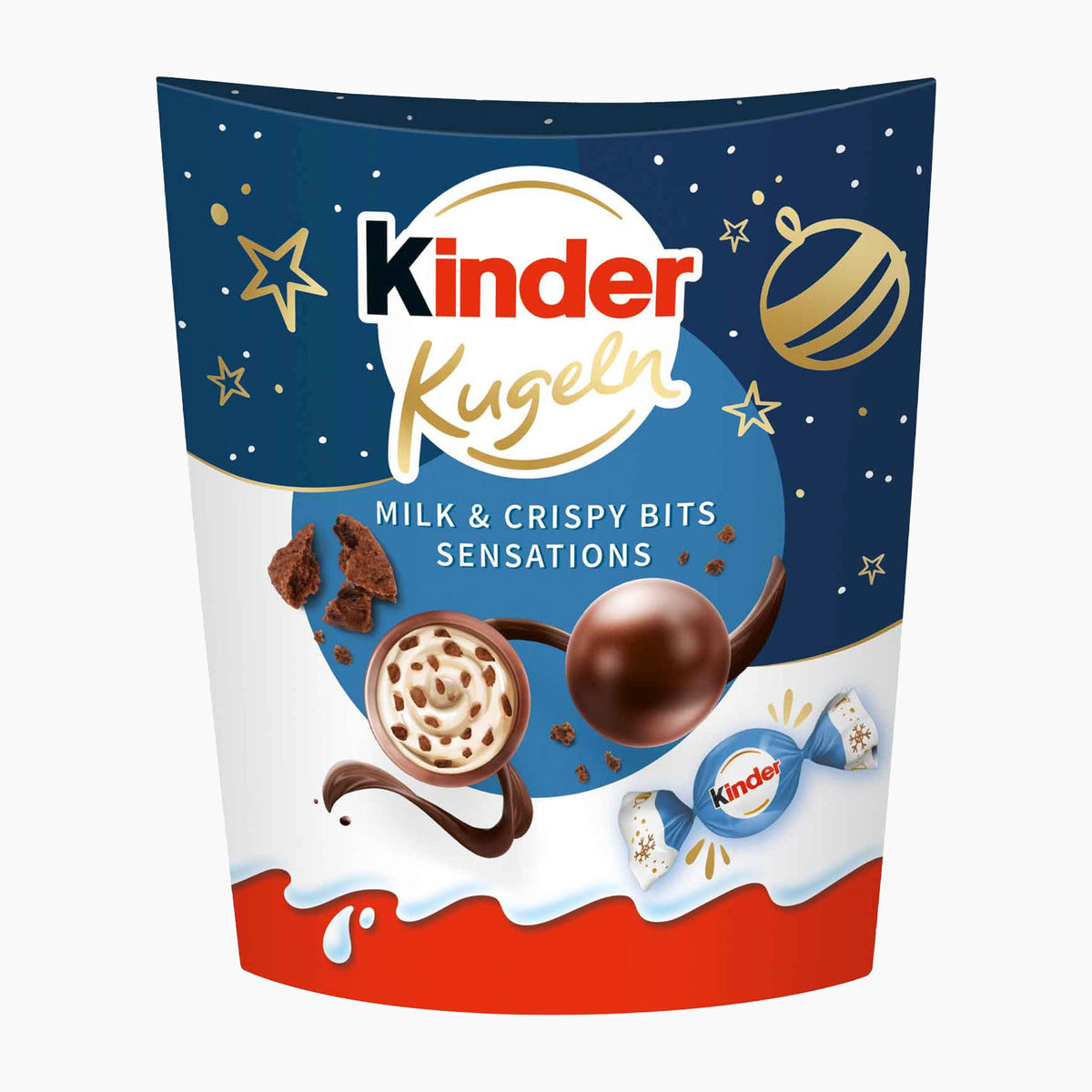 Kinder Kugeln Milk & Crispy Bits Sensations packaging on a light gray background.