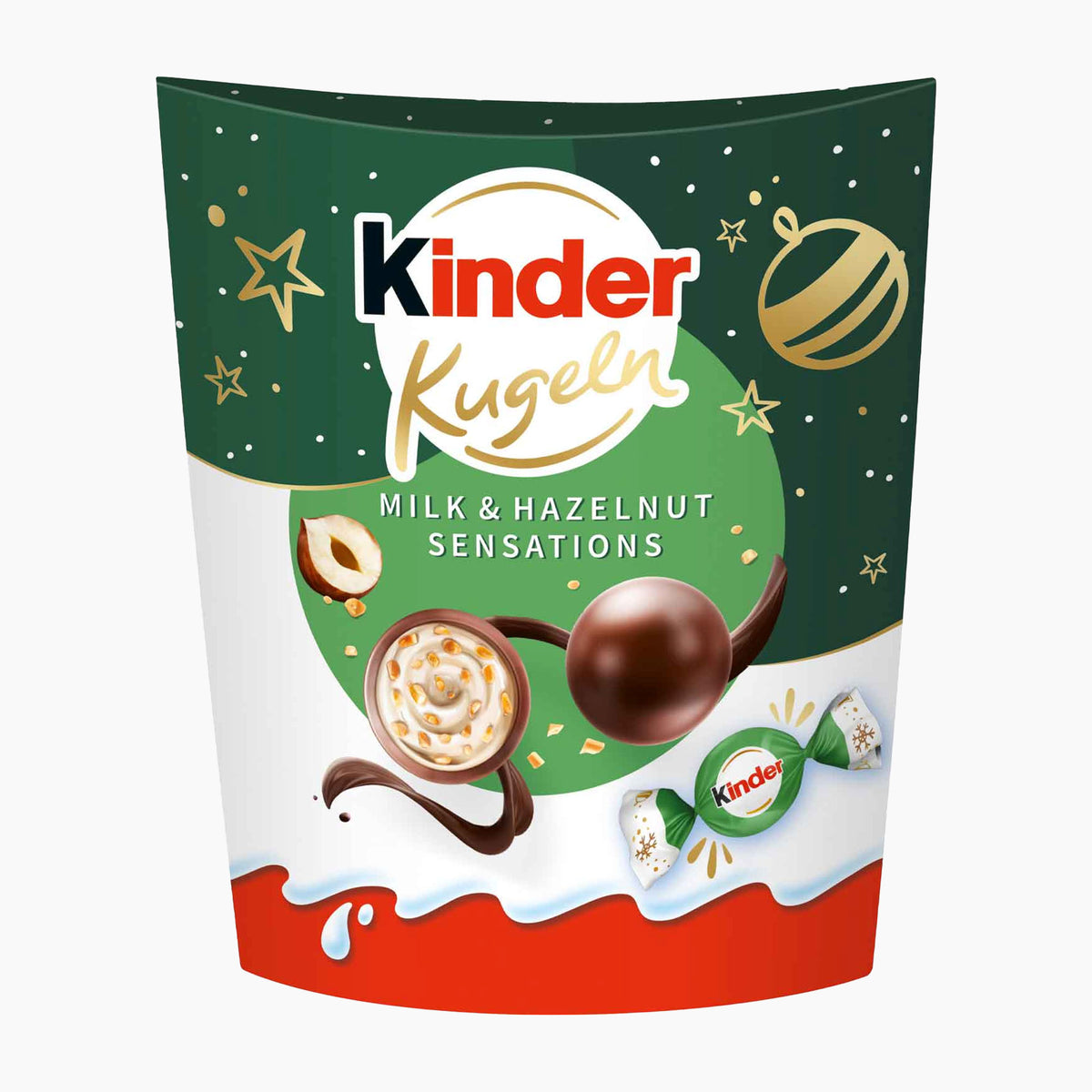 Kinder Kugeln Milk & Hazelnut Sensations packaging on a light gray background.