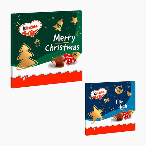 Two Kinder & Love Mini Hearts chocolate gift boxes shown on a light gray background: a larger green 'Merry Christmas' box and a smaller blue 'Für dich' box, both decorated with gold stars, hearts, and chocolate pieces.