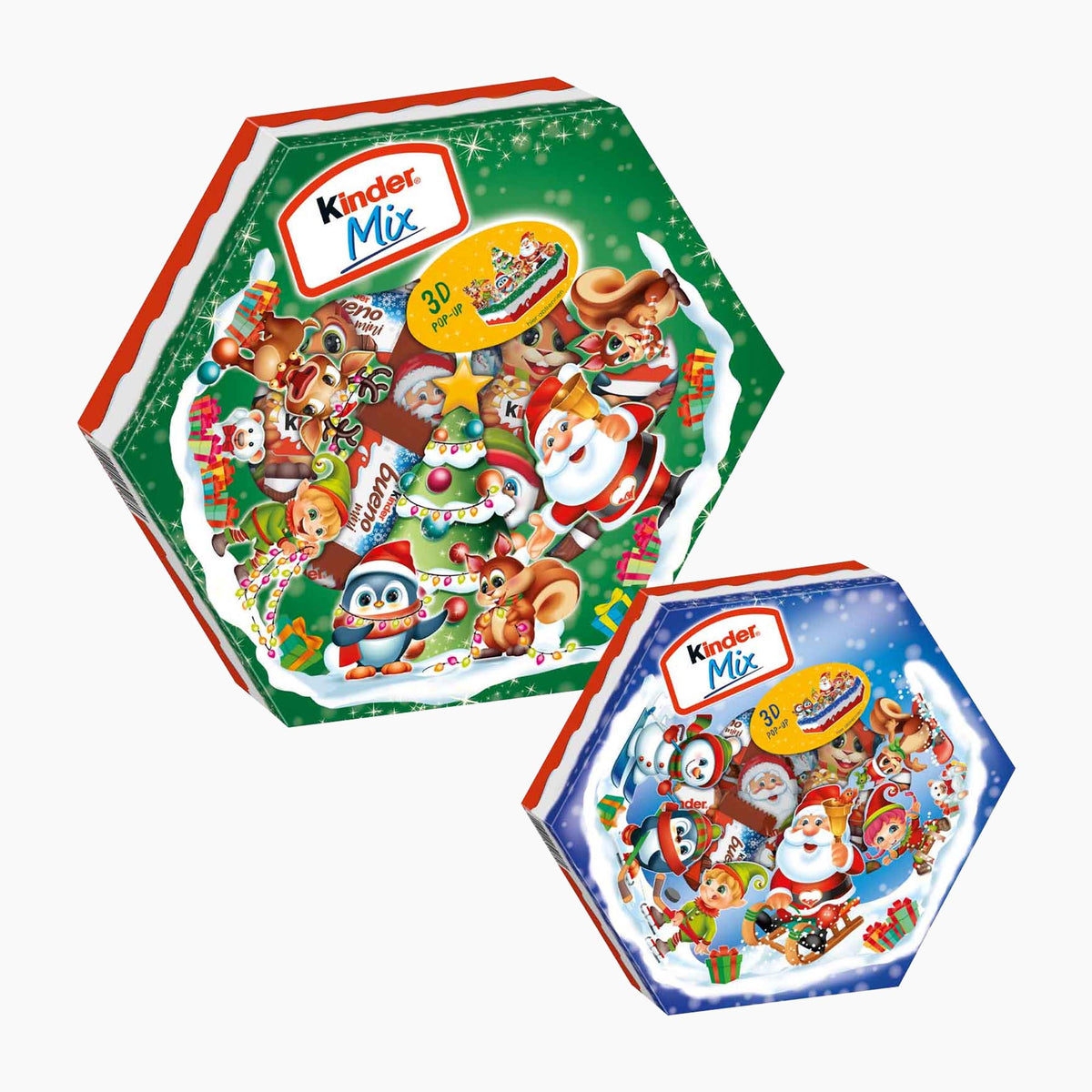 Two hexagonal Kinder Mix Christmas Plate boxes shown on a plain white background, one with a green front and one with a blue front, both featuring festive illustrated characters and the Kinder Mix logo.