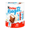 Packaging of kinder Riegel milk chocolate bars showing a image of the chocolate bar with milk cream filling, and the text indicating 10 Riegel (bars) included.