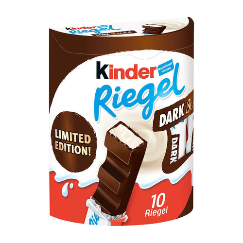 Packaging of Kinder Riegel Dark & Mild dark chocolate bars with limited edition label on a white background