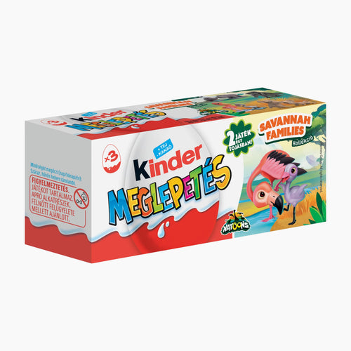 Kinder Surprise Savannah Families chocolate box, featuring colorful cartoon animal illustrations and the Kinder logo on a white background.