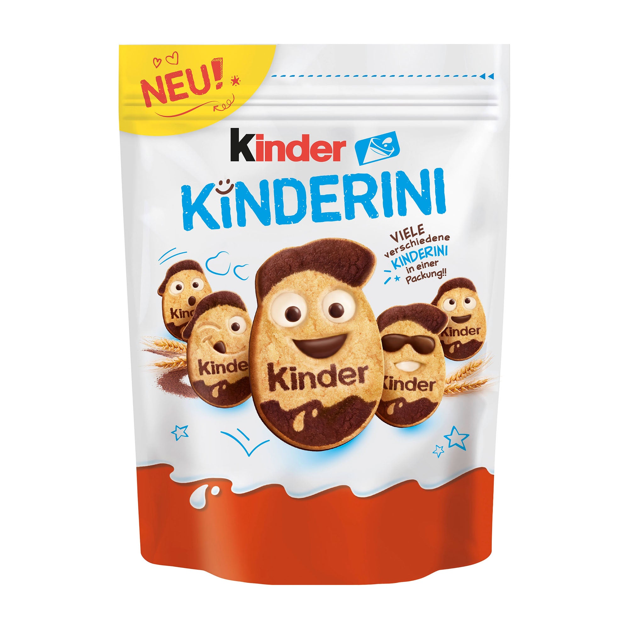 kinder Kinderini biscuits package with cartoon characters on a white background