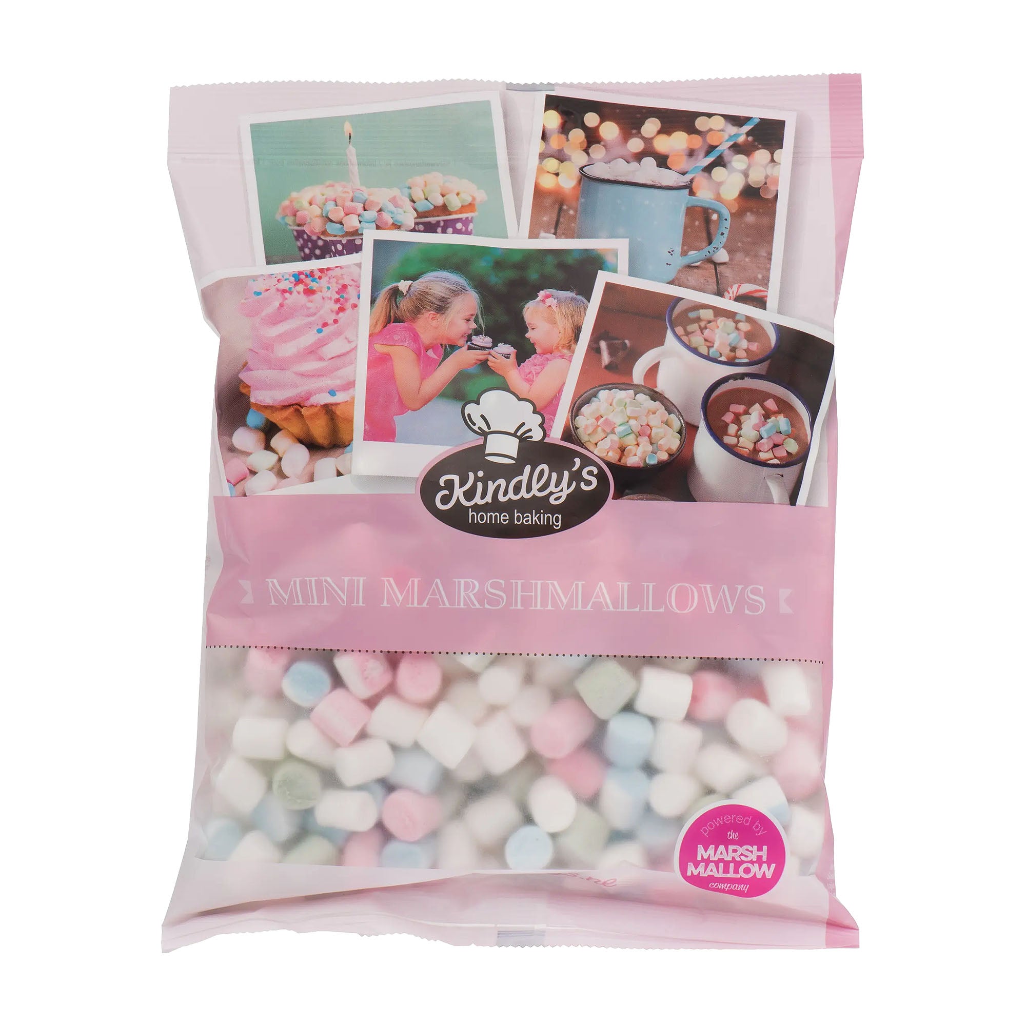 Bag of mini marshmallows with Kindly's branding and images of baking.