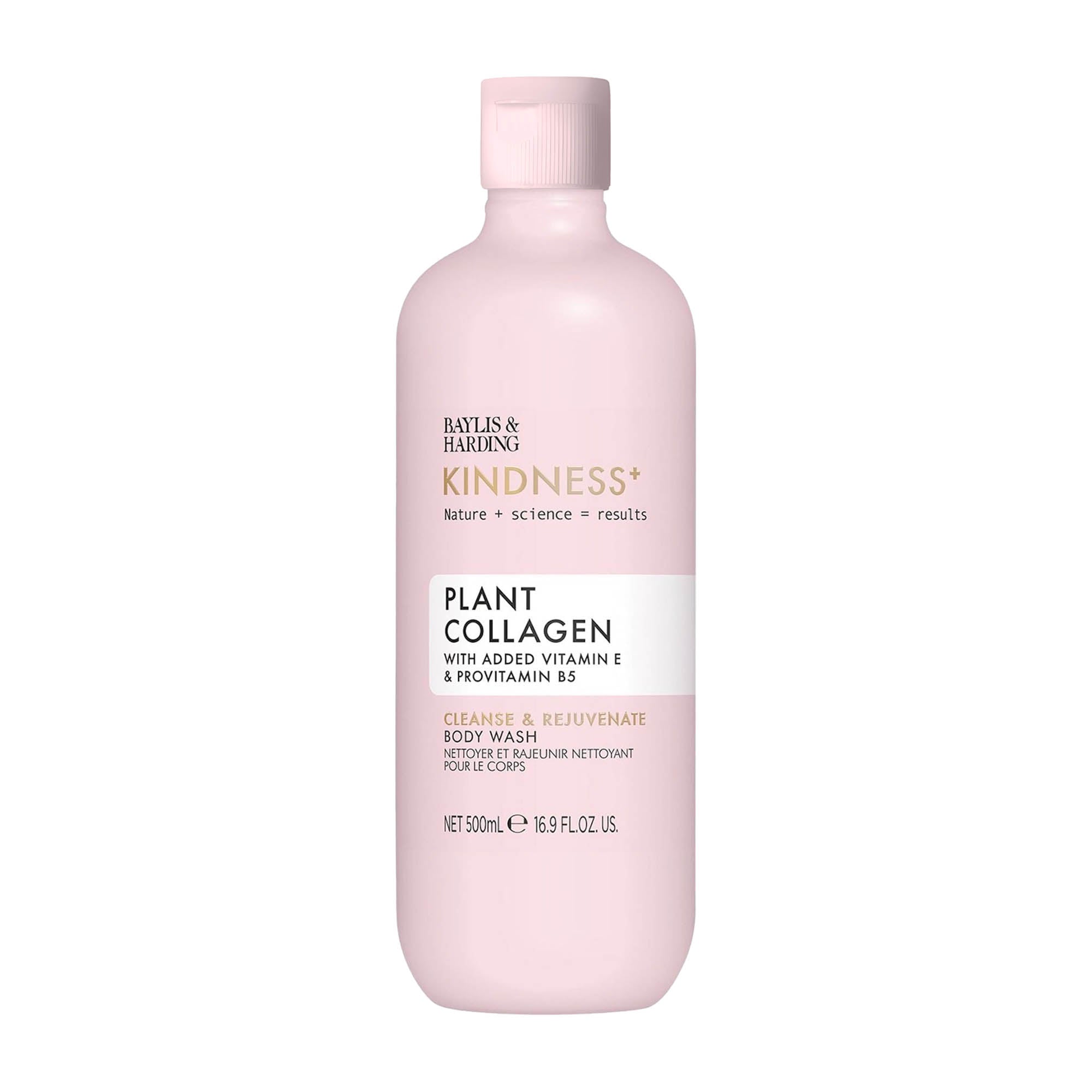 A pink bottle of Baylis & Harding Kindness+ plant collagen body wash, 500 mL.