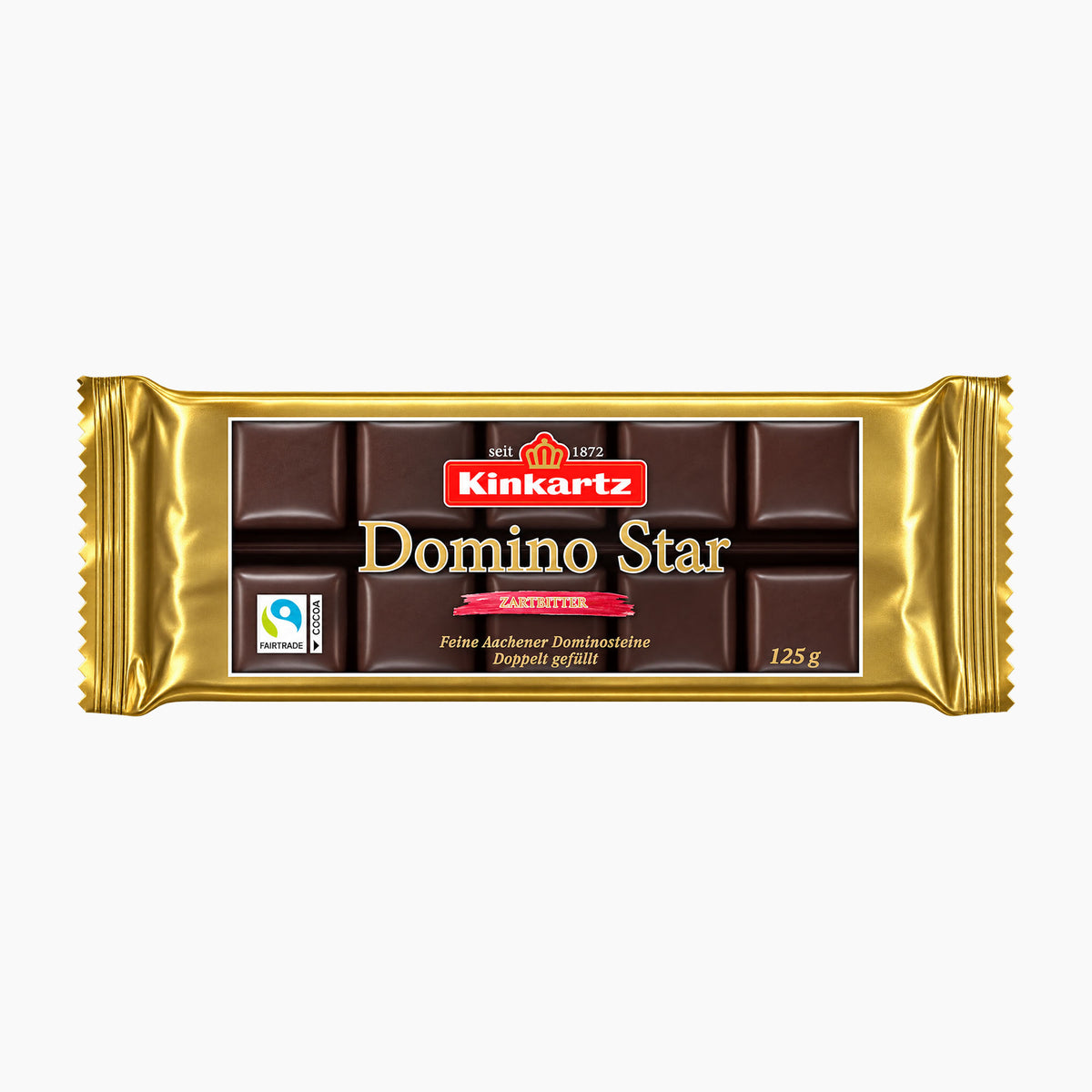 A 125 g bar of Kinkartz Domino Star dark chocolate pralines in its signature gold foil wrapper, shown against a plain white background.