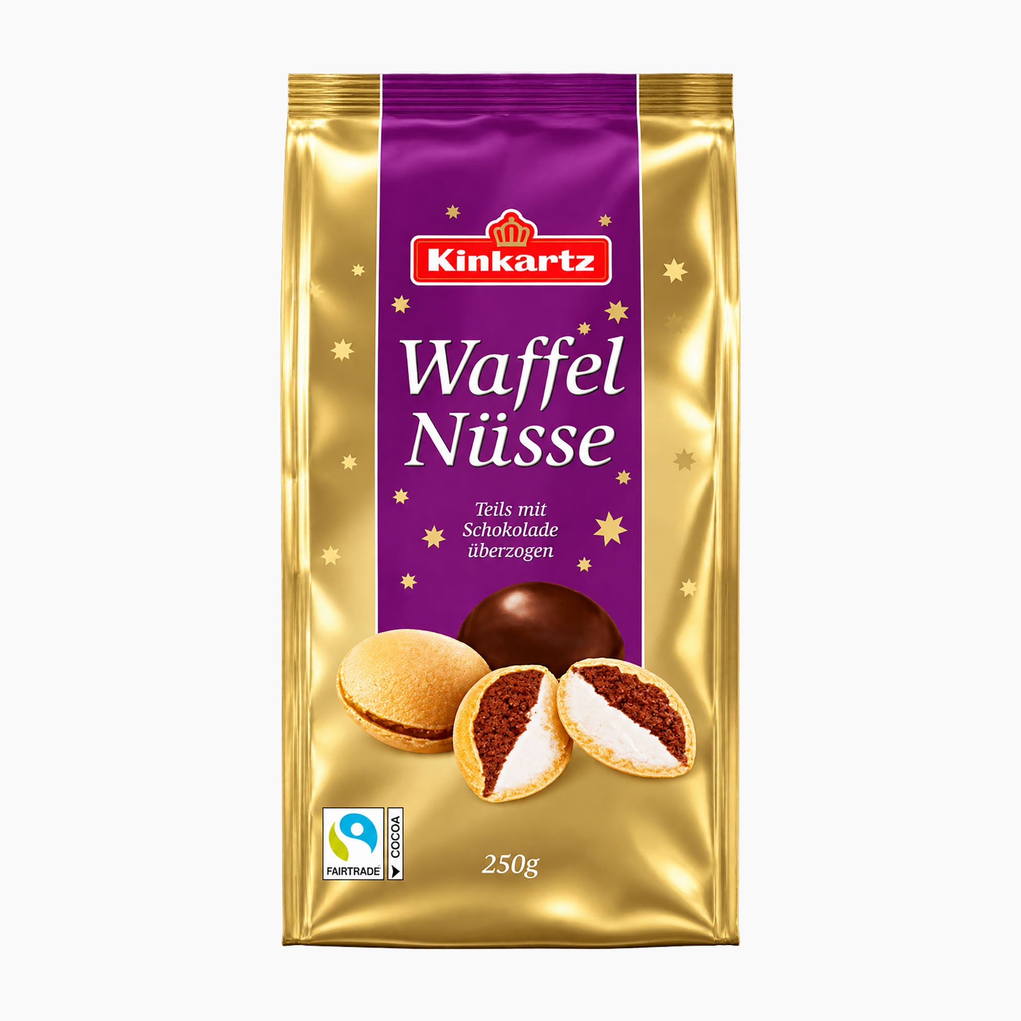 A 250g package of Kinkartz Waffelnüsse (nut shaped wafer shells) on a clean white background. The packaging is metallic gold with a purple central panel featuring the red Kinkartz logo and white text.