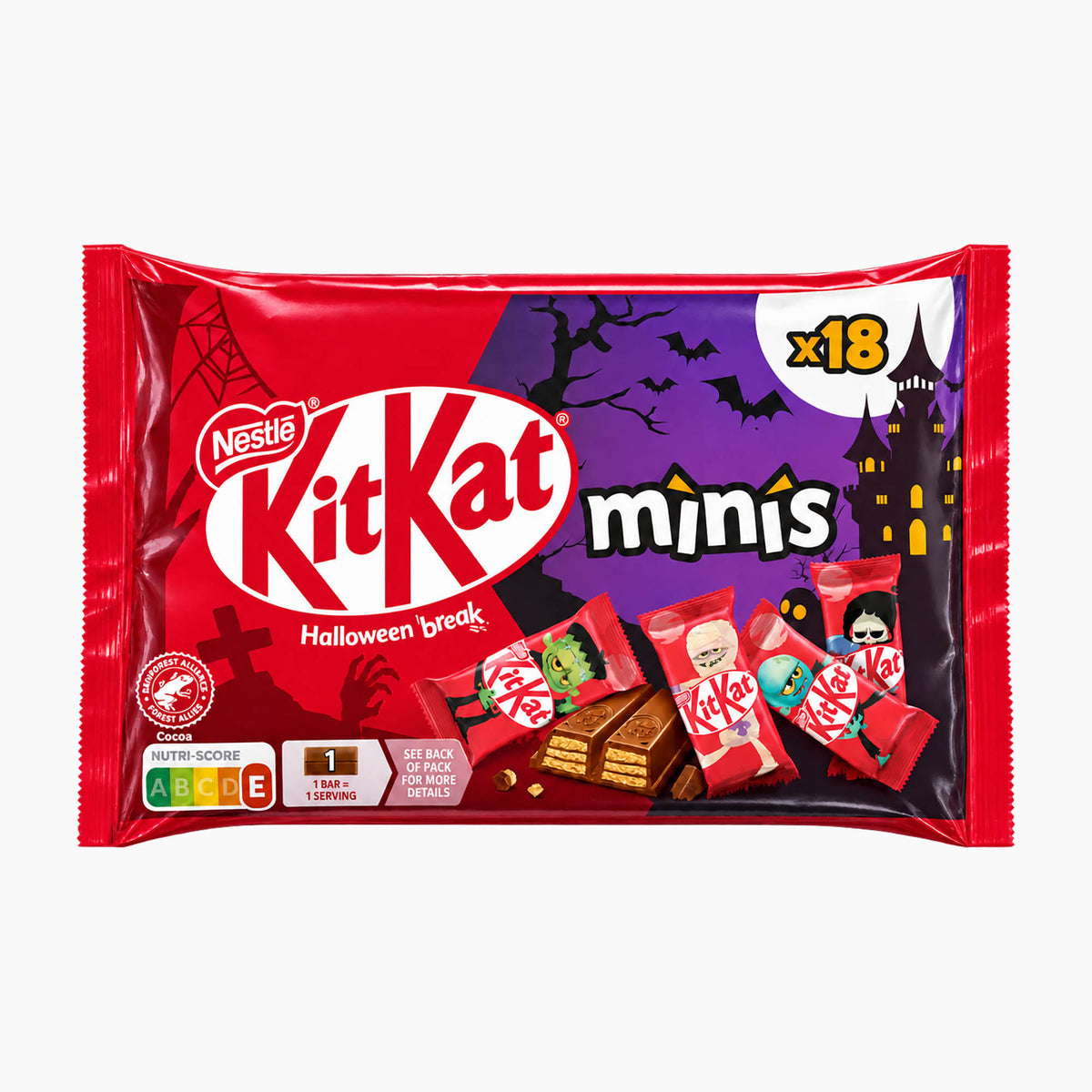 Nestlé KitKat minis Halloween break in a red and purple 18-piece candy pack, featuring spooky illustrations of a haunted house, bats, and ghosts, with several KitKat minis shown on the front.