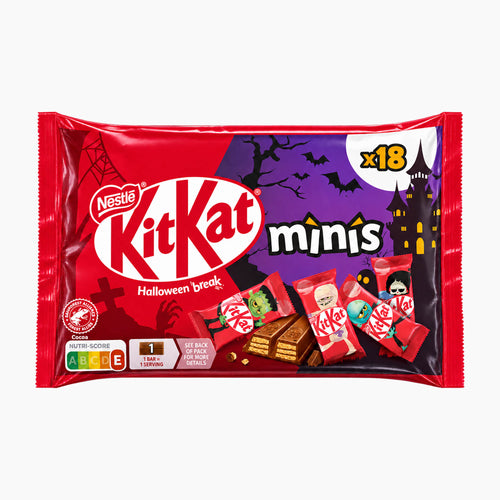 Nestlé KitKat minis Halloween break in a red and purple 18-piece candy pack, featuring spooky illustrations of a haunted house, bats, and ghosts, with several KitKat minis shown on the front.