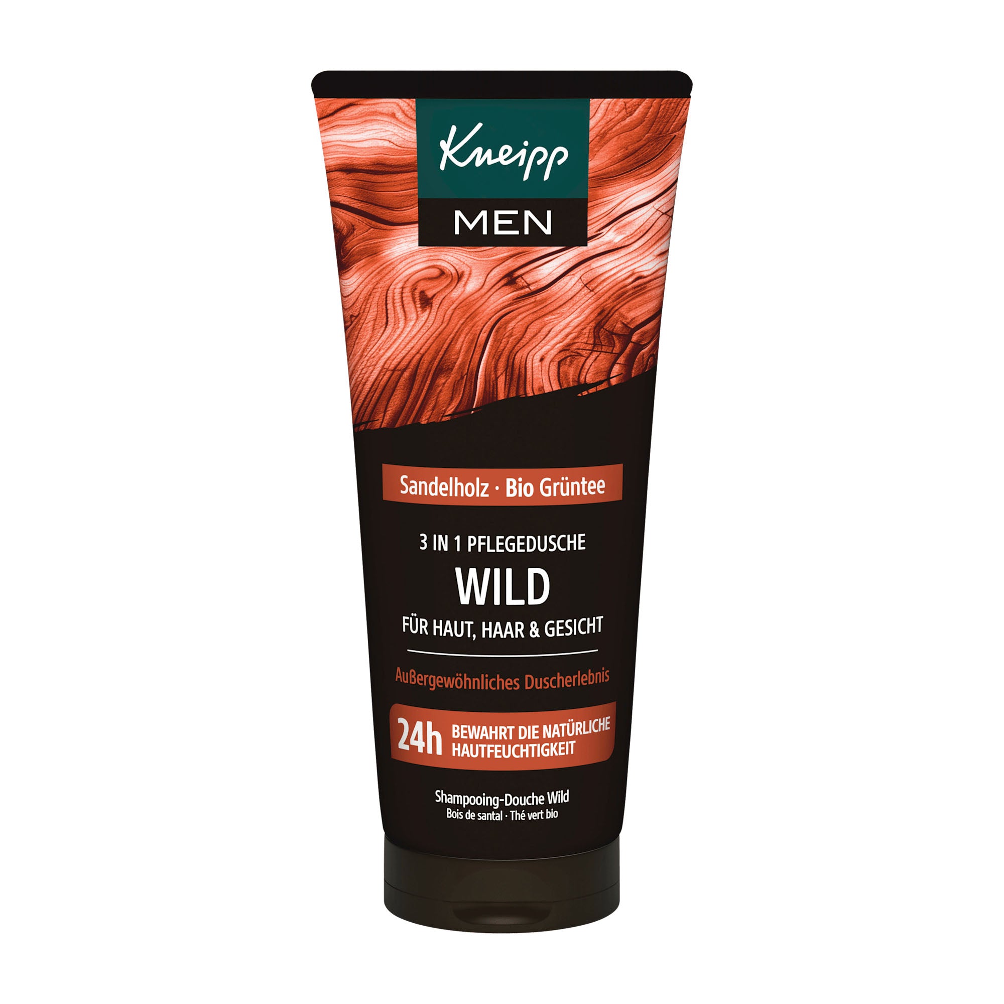 Kneipp Men Wild shower gel tube with sandalwood and green tea scent on a white background