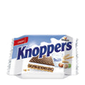 Packaging of Knoppers Crispy Wafer Bar with image of the wafer bar, milk, and hazelnuts.