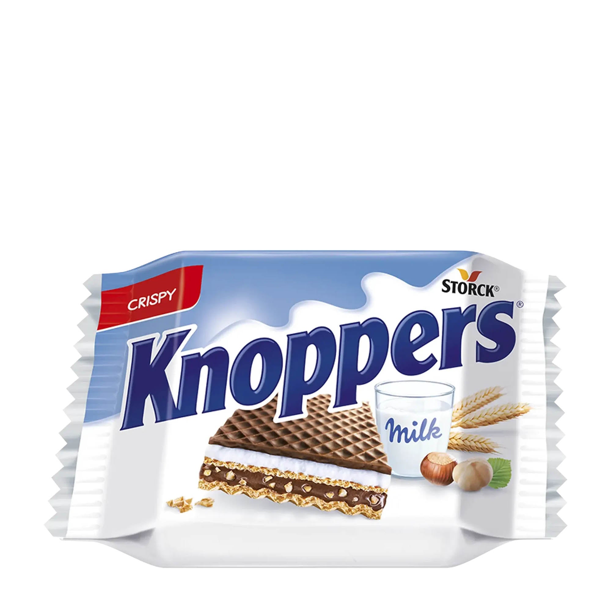 Packaging of Knoppers Crispy Wafer Bar with image of the wafer bar, milk, and hazelnuts.