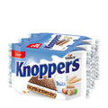 Packaging of Knoppers Crispy Wafers, showing the product name, image of a chocolate wafer with milk and hazelnuts, and the cocoa content claim.
