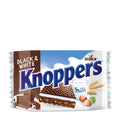 Packaging of Knoppers Black & White crispy wafer bar, showing the product and the name of the brand prominently.