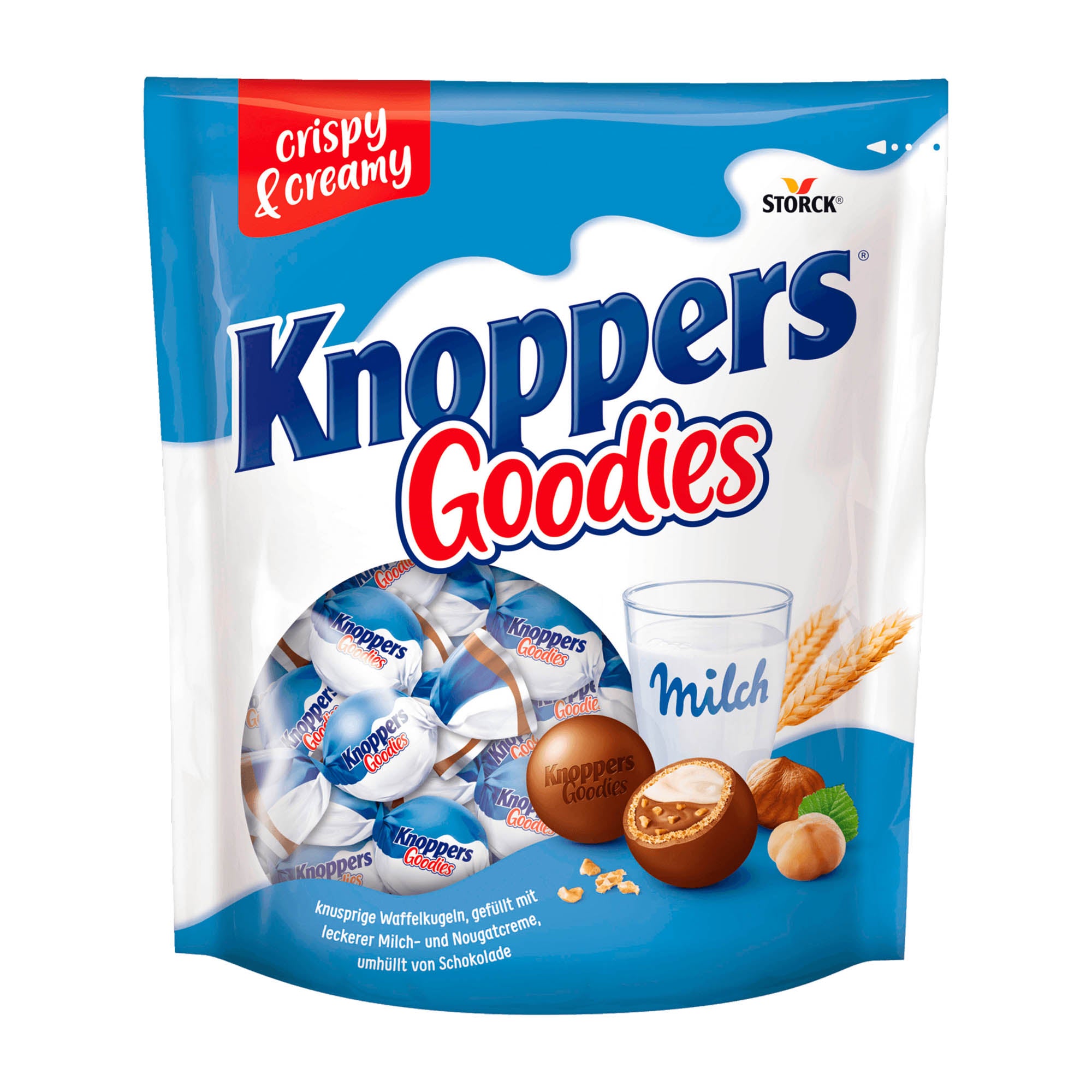 Packaging for Knoppers Goodies chocolate wafer balls, showing the product name, images of the wafer balls, milk chocolate pieces, and a glass of milk.