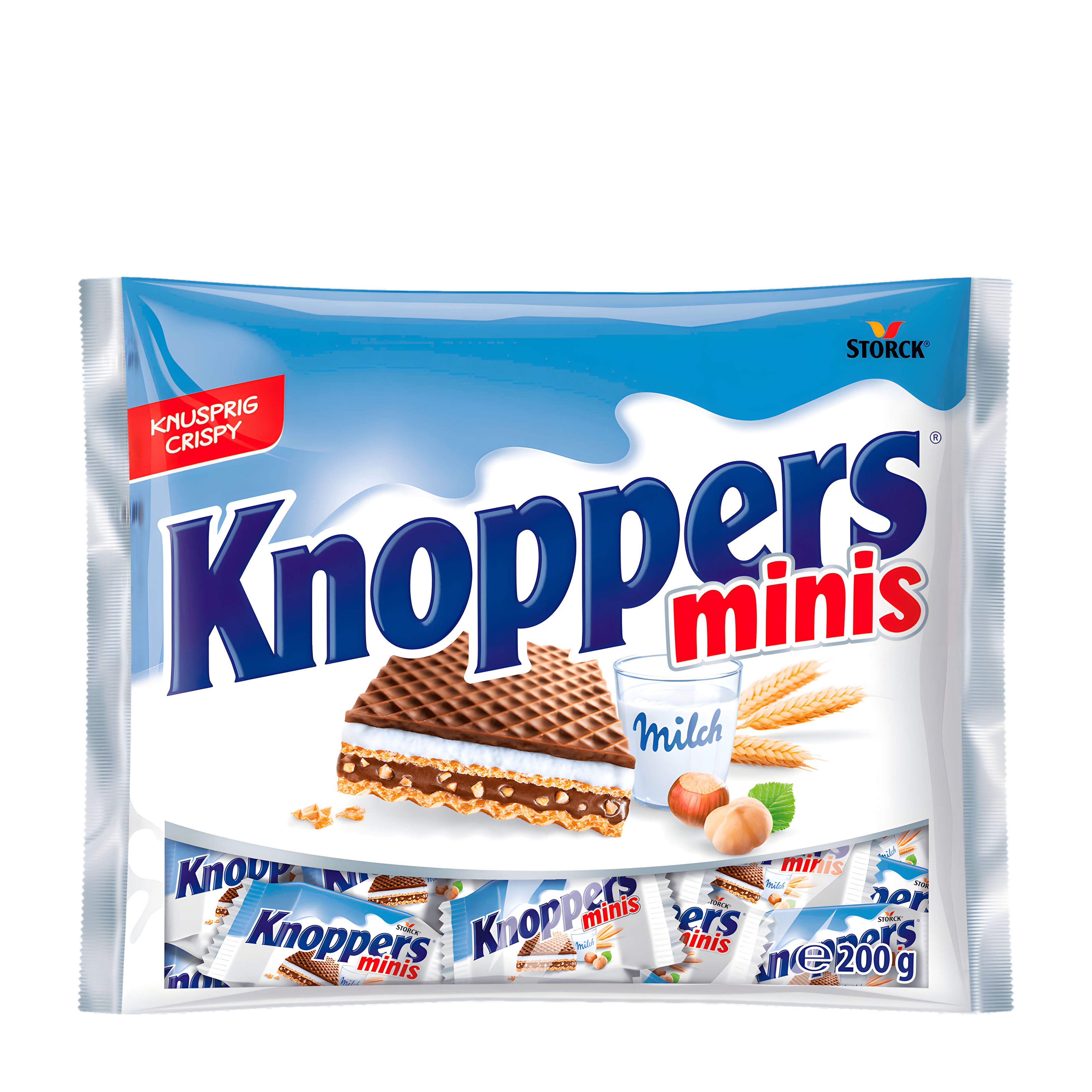 Packaging of Knoppers minis chocolate wafers with branding on a white background