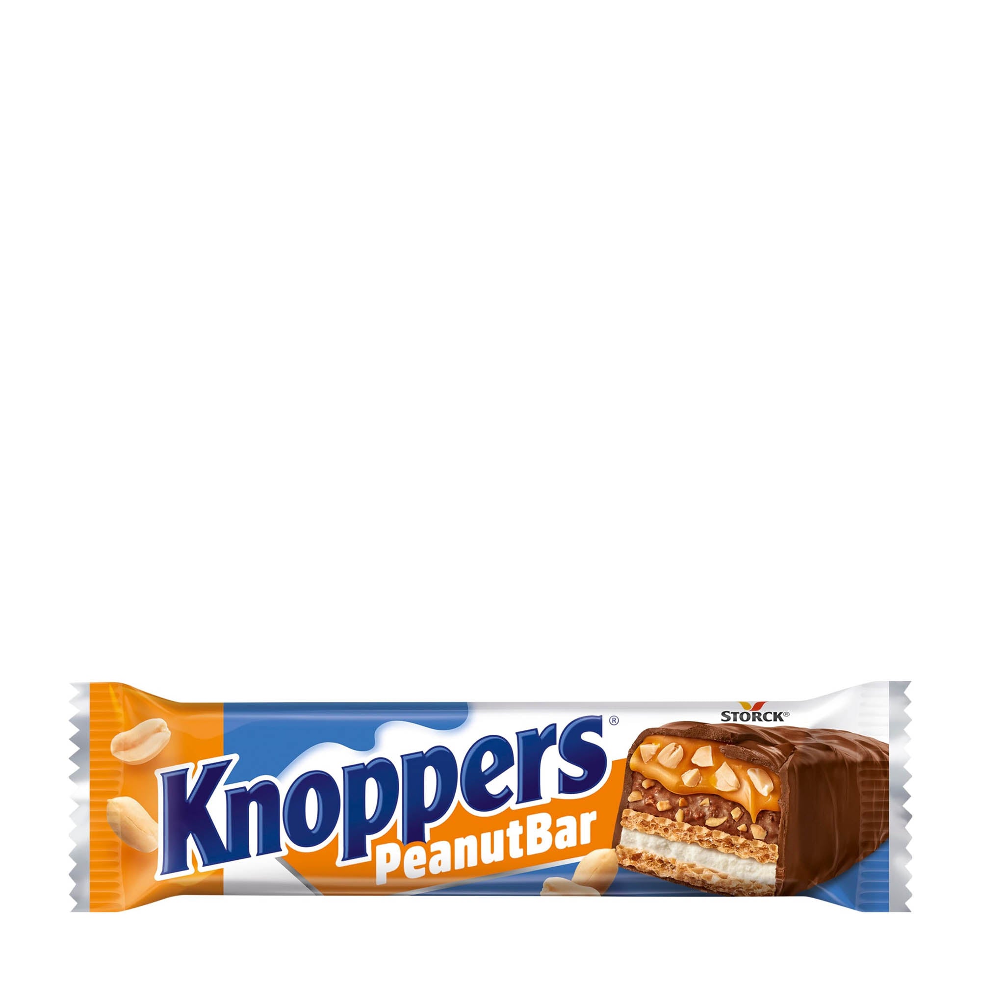 Packaging of Knoppers PeanutBar Wafer Bar featuring the product name and an image of the chocolate bar with peanut pieces.