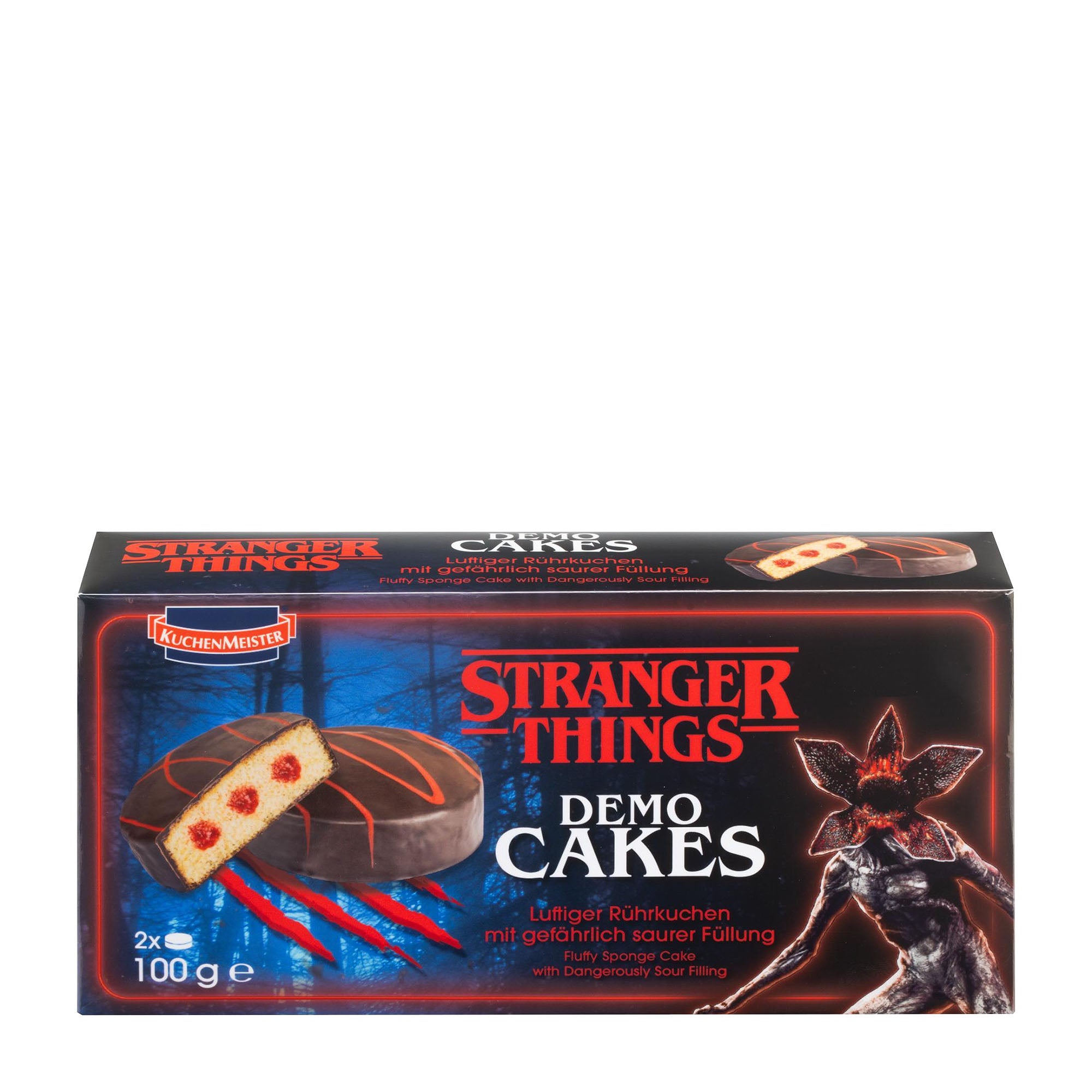 Stranger Things Demo Cakes packaging with chocolate cakes and character illustration on a white background