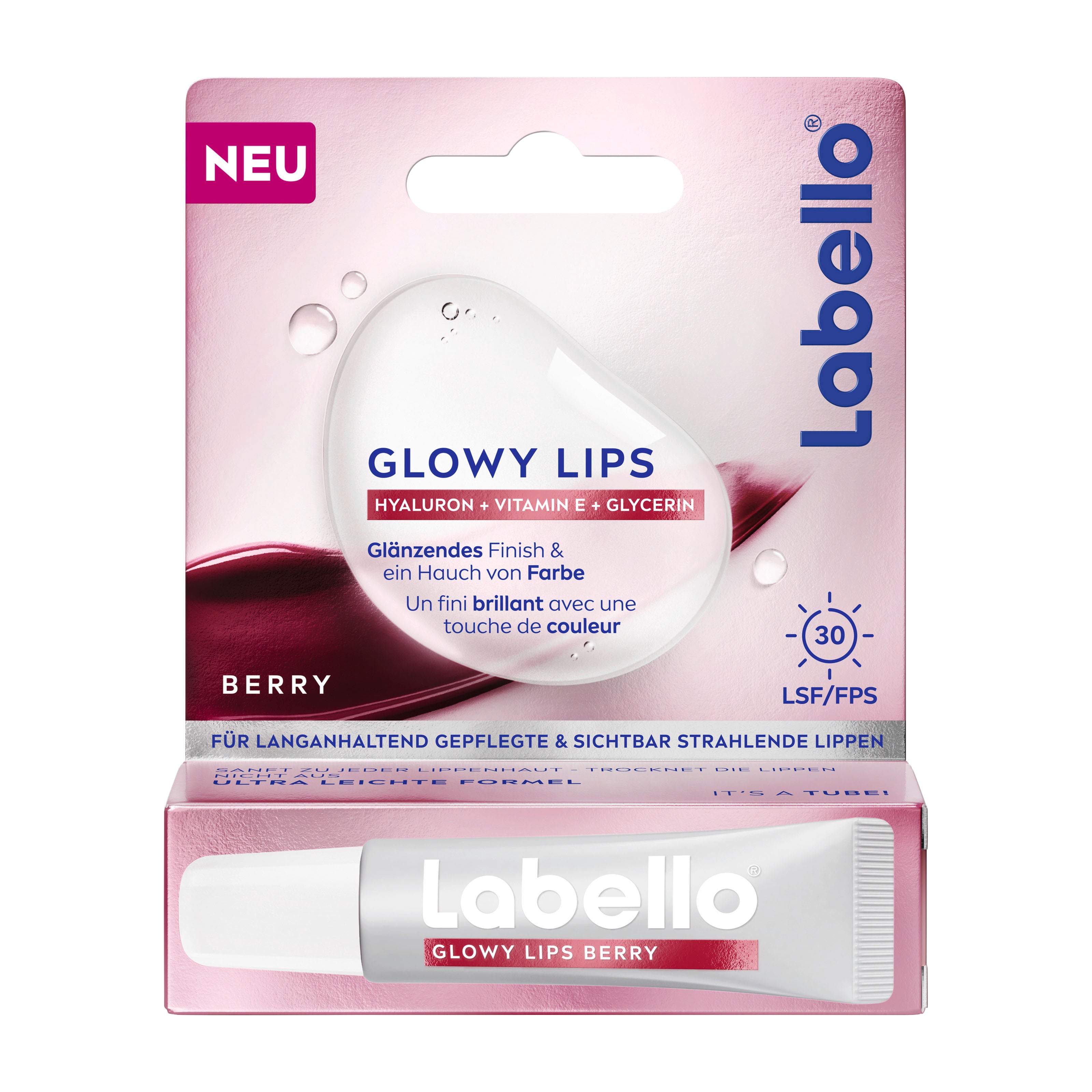 Labello Glowy Lips Berry lip balm packaging on a white background