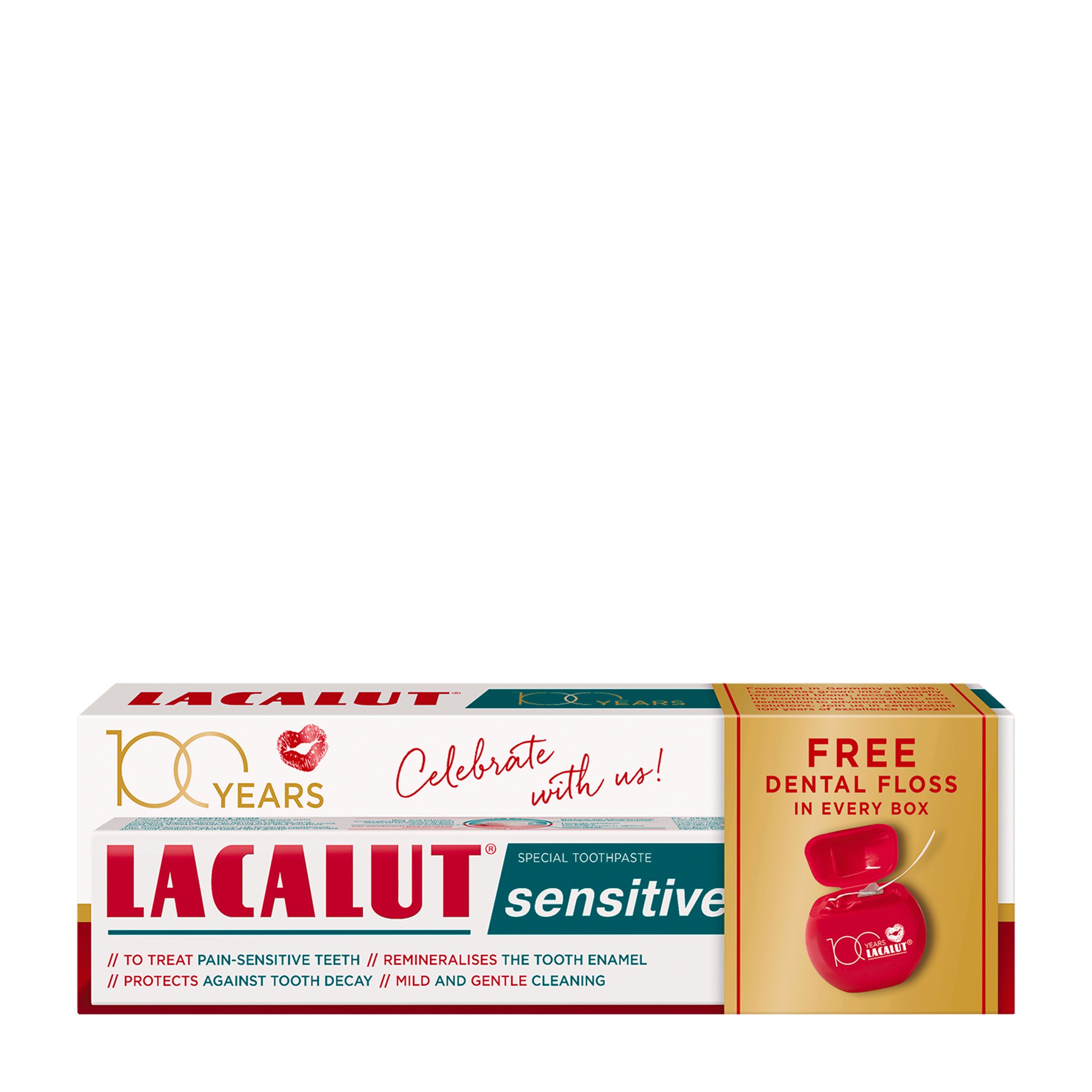 Lacalut sensitive toothpaste box with free dental floss offer on a white background