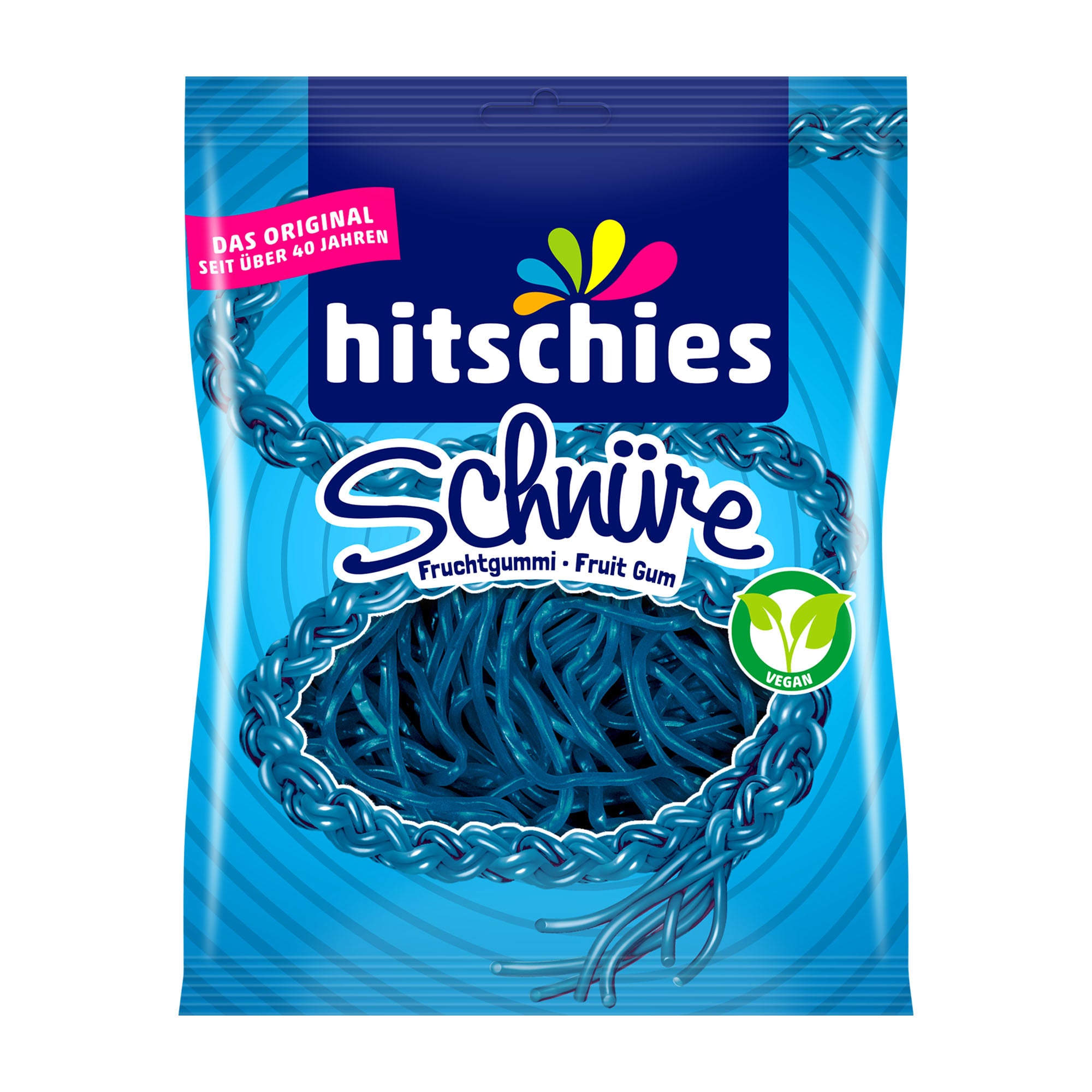 Blue packaging of hitschies Laces Blue fruit gummy with brand logo and product image.