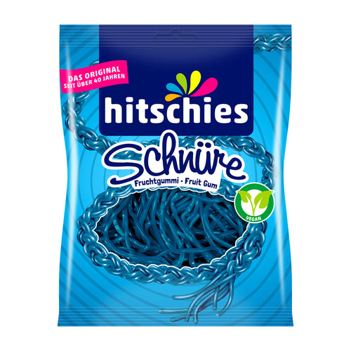 Blue packaging of hitschies Laces Blue fruit gummy with brand logo and product image.