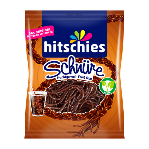 hitschies Laces Cola fruit gummy packaging on a white background