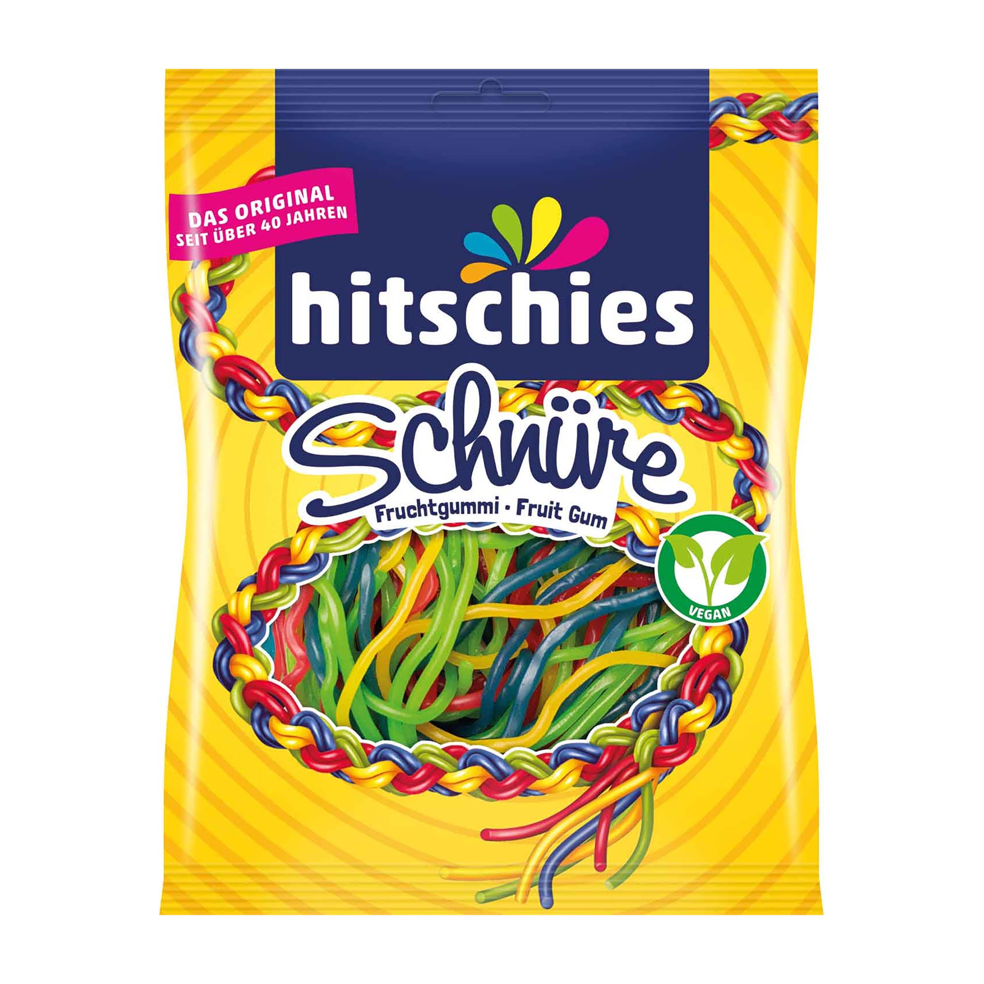A package of hitschies Laces mix fruit gummy, featuring colorful gummy strings on a yellow background with the brand name and fruit flavor indications.