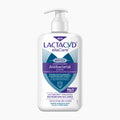 A pump bottle of Lactacyd Antibacterial intimate gel on a light gray background.