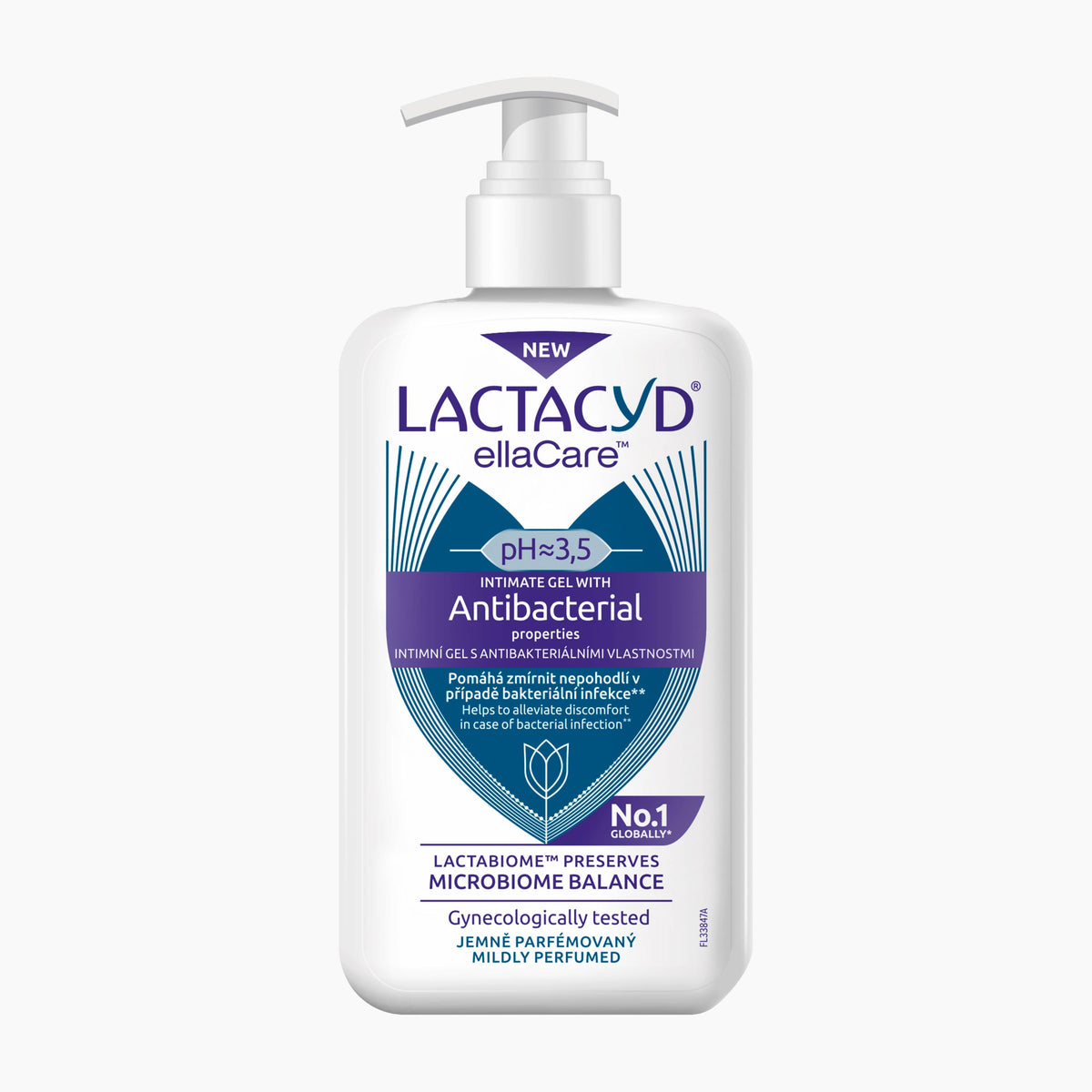 A pump bottle of Lactacyd Antibacterial intimate gel on a light gray background.