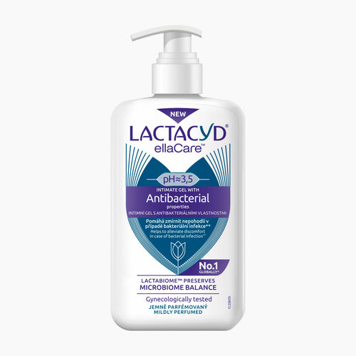 A pump bottle of Lactacyd Antibacterial intimate gel on a light gray background.
