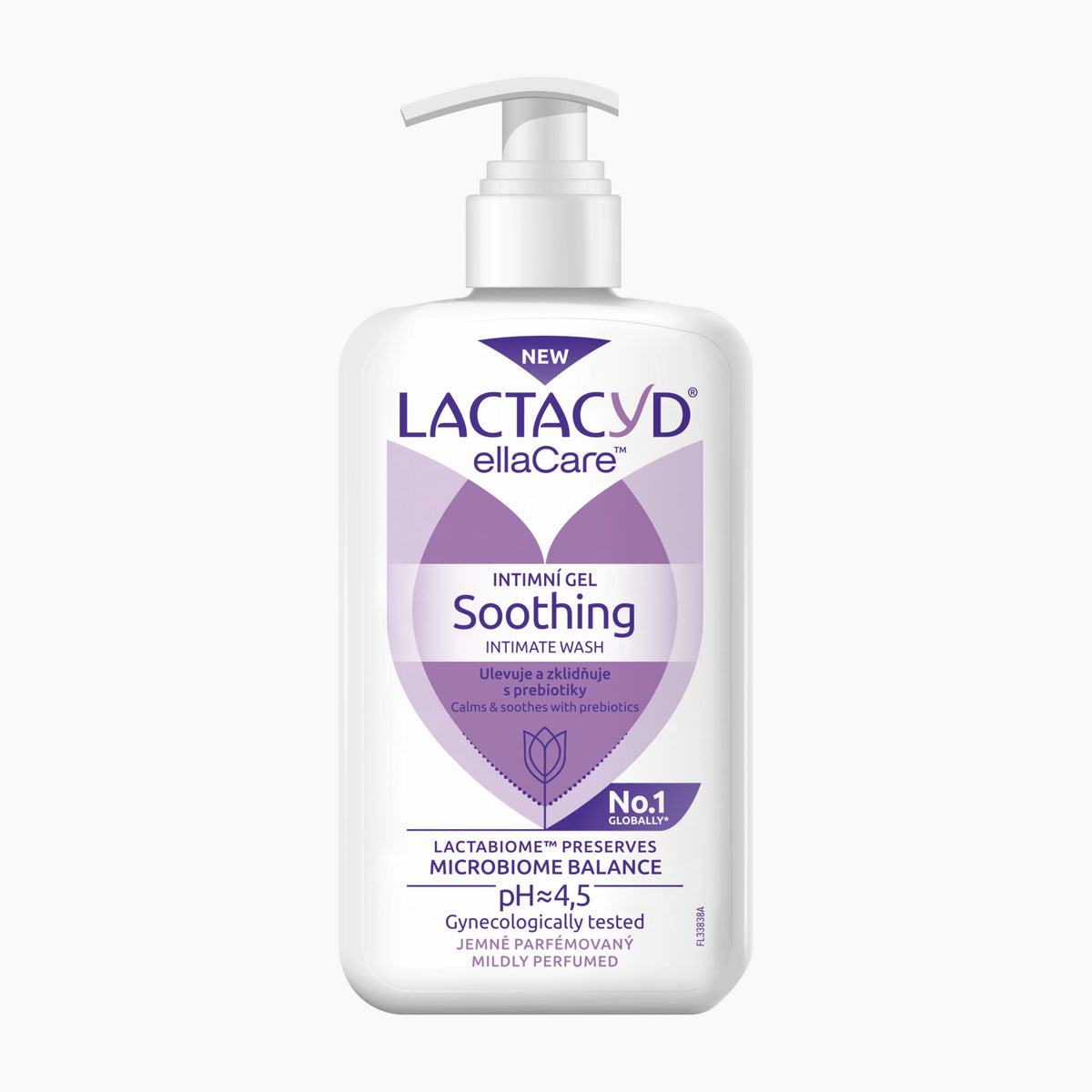 A white pump bottle of Lactacyd ellaCare Soothing Intimate Wash, featuring a purple and white label, on a clean white background.