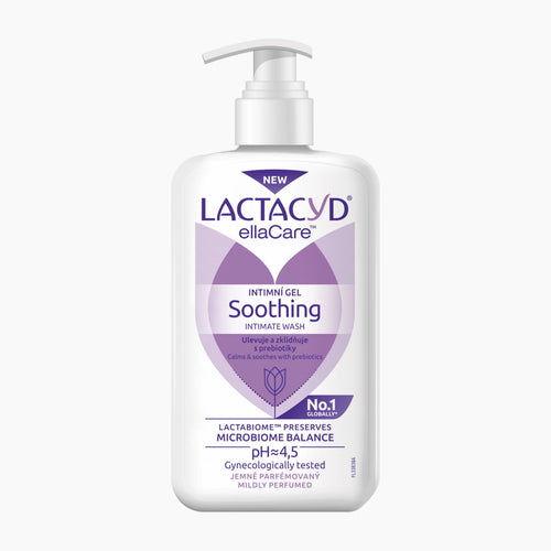 A white pump bottle of Lactacyd ellaCare Soothing Intimate Wash, featuring a purple and white label, on a clean white background.