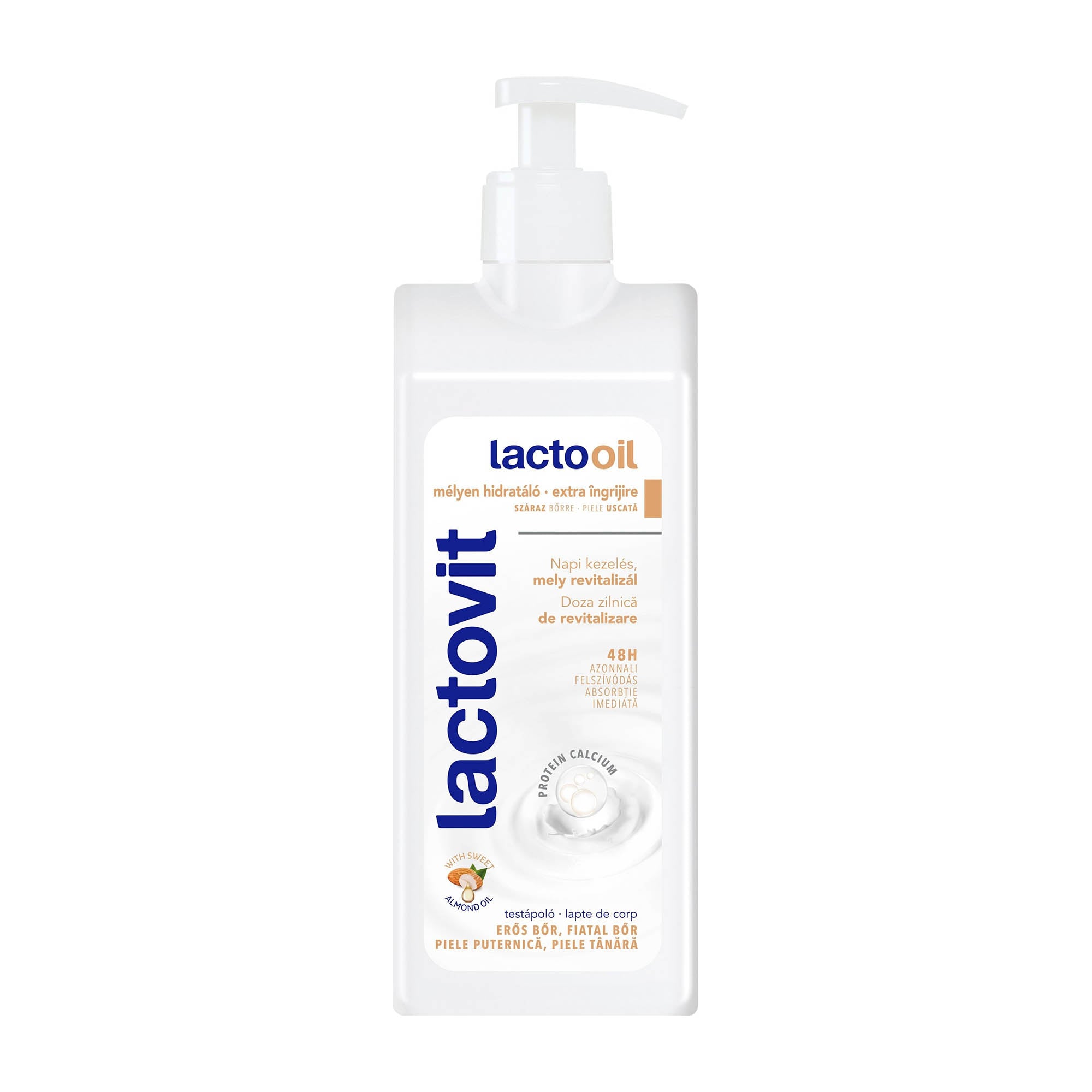 Pump bottle of Lactovit Lacto Oil body lotion on a white background.