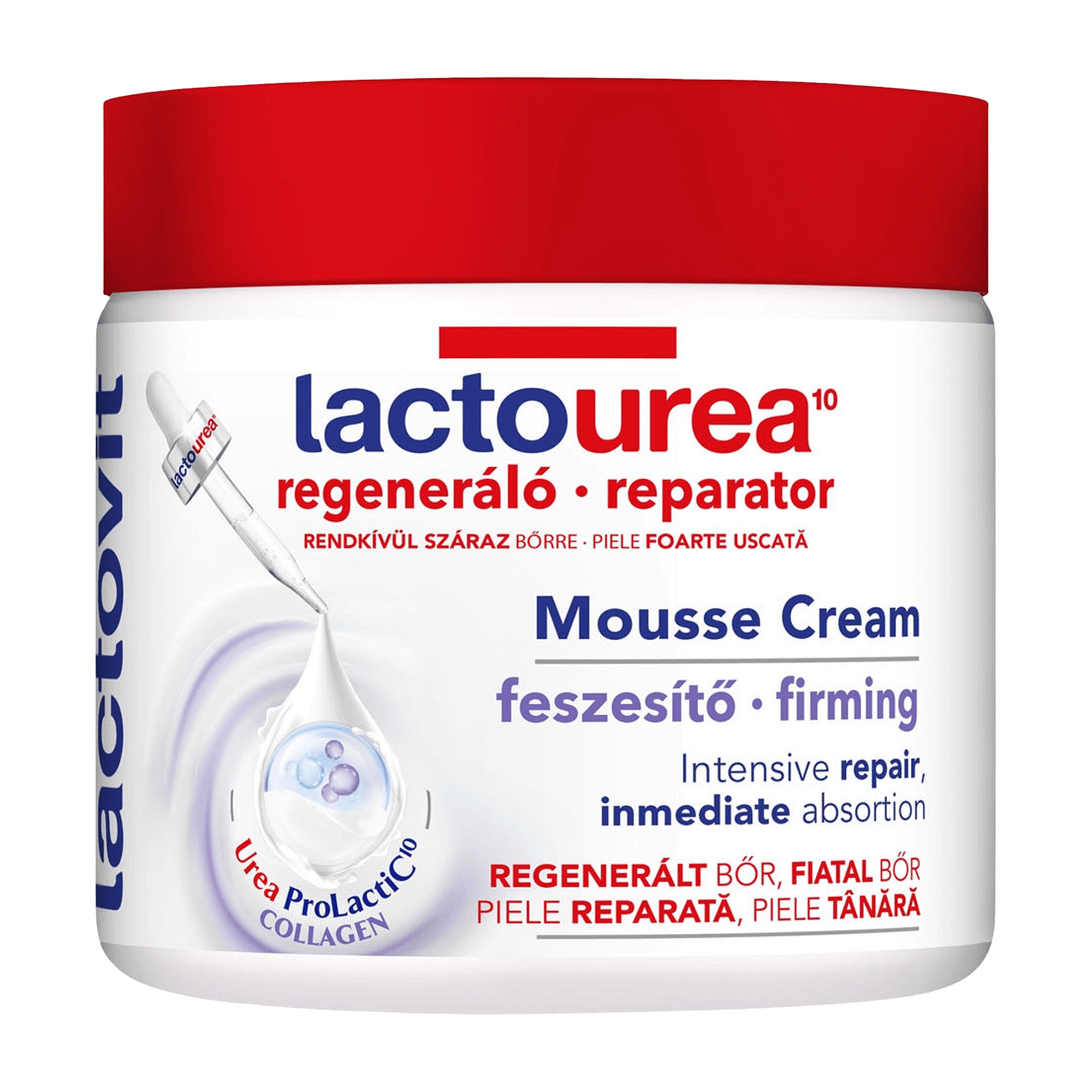 Lactovit Lactourea Firming mousse cream jar with red lid on a white background