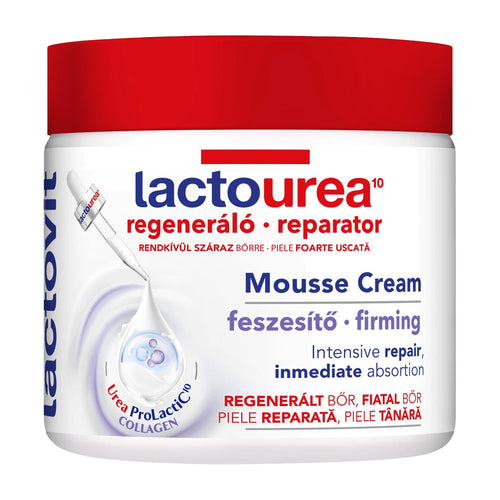 Lactovit Lactourea Firming mousse cream jar with red lid on a white background