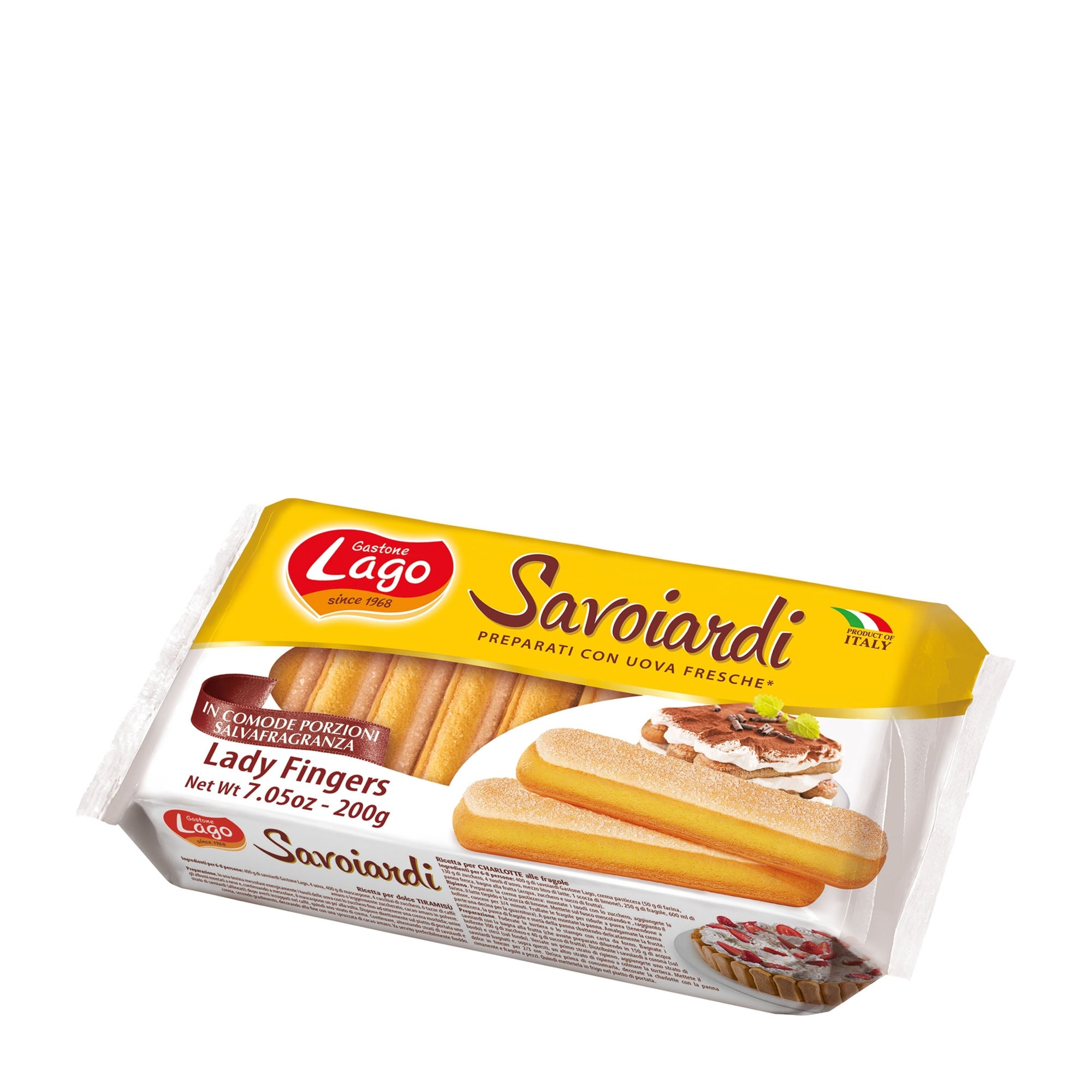 Packaging of Lago Savoiardi lady fingers, showing the product name and images of the sponge biscuits on the front.