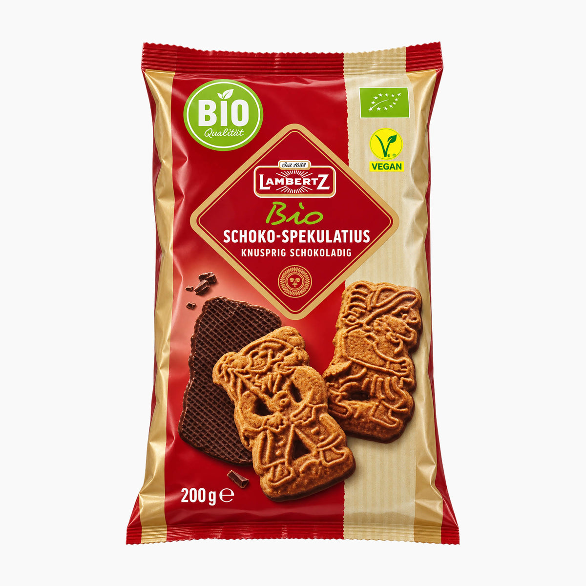 A 200g package of Lambertz Bio Organic Choco Speculoos cookies, featuring a red and gold bag with illustrations of the chocolate-coated cookies, set against a plain white background.