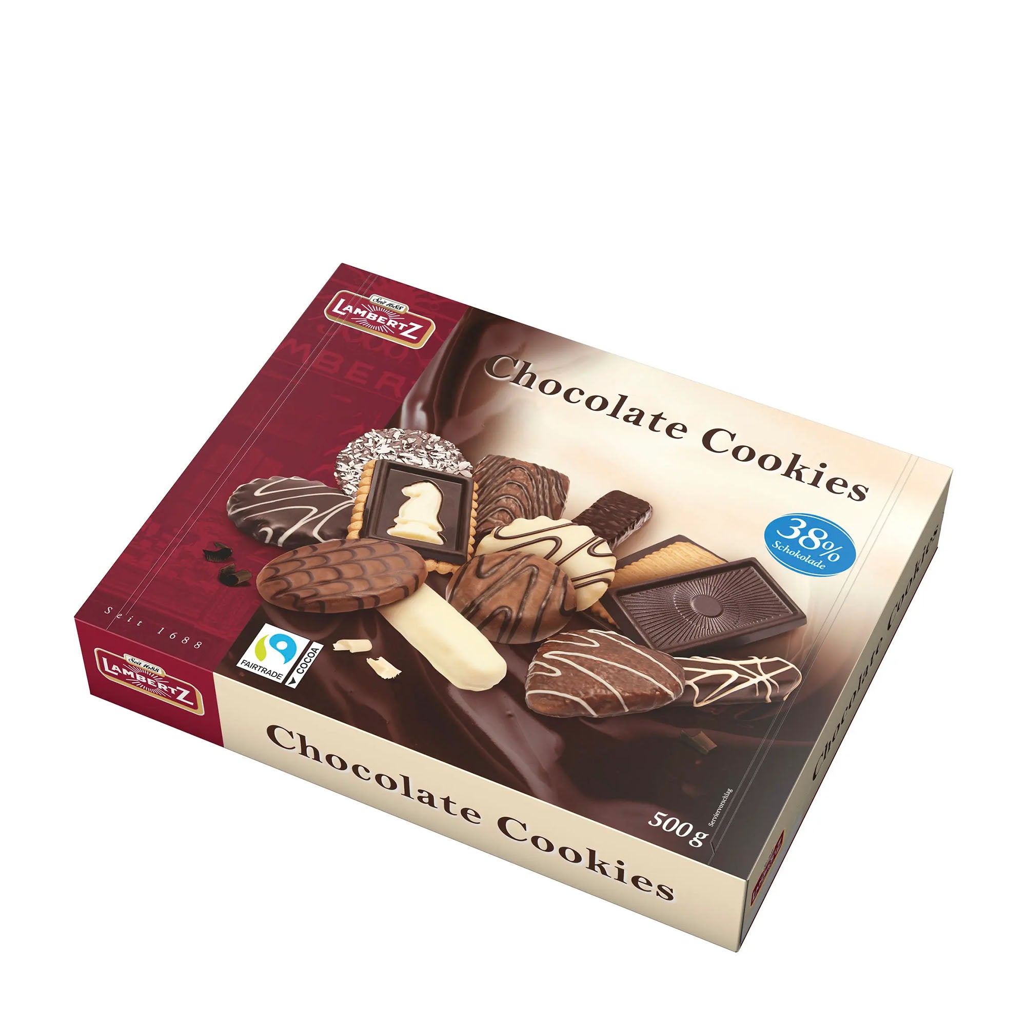 Box of Lambertz chocolate cookies on a white background