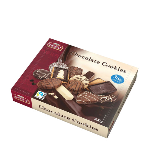 Box of Lambertz chocolate cookies on a white background