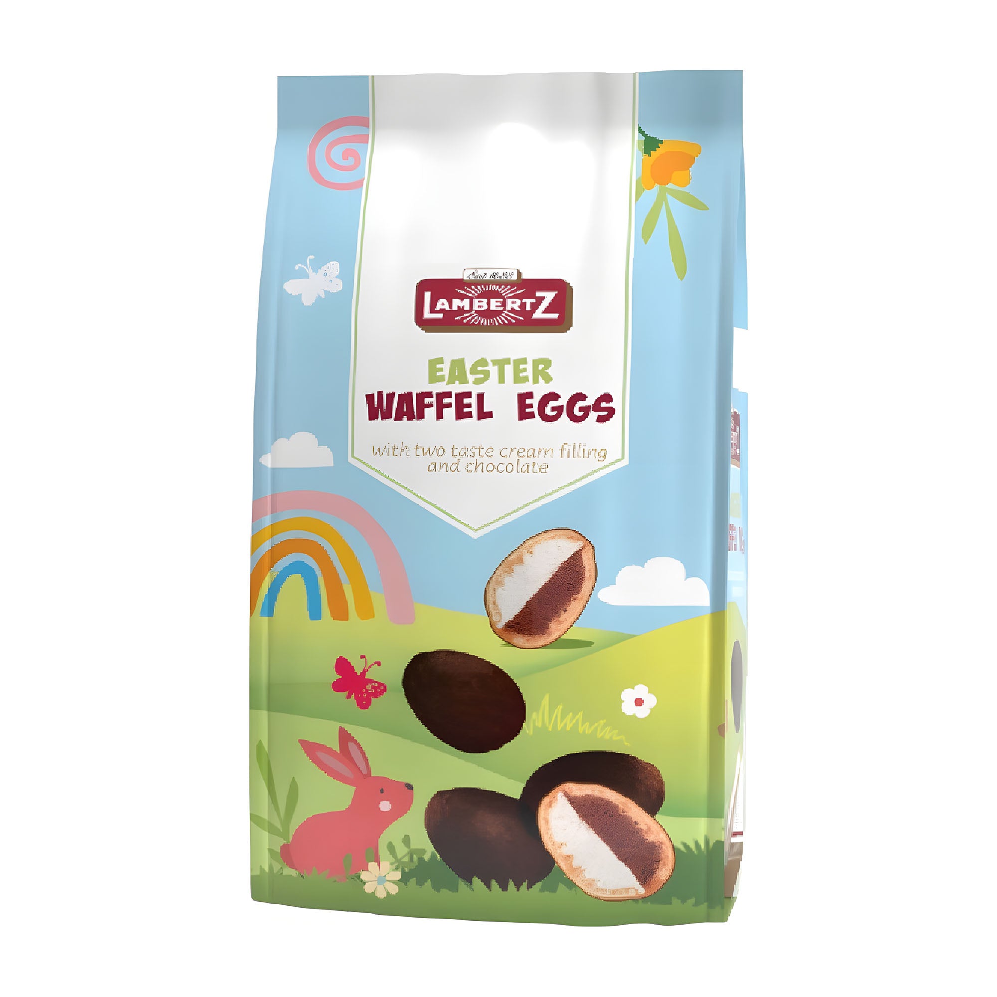 Packaging of Lambertz Easter waffle eggs Dark Chocolate Covered with colorful design on a white background