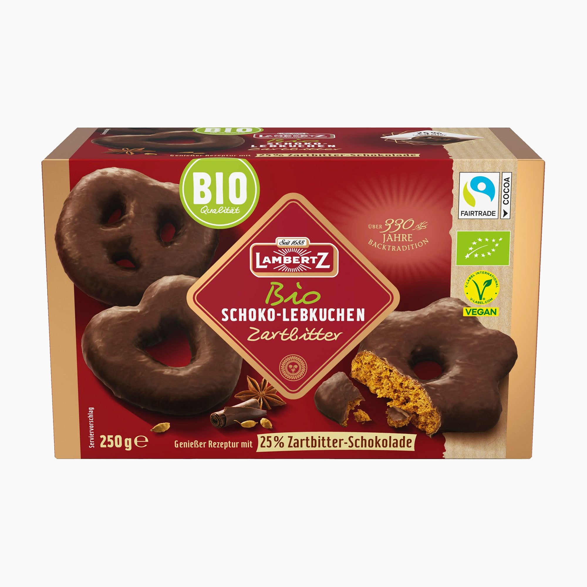A 250g box of Lambertz Bio Organic Dark Chocolate Gingerbreads on a clean white background. The packaging is primarily red and gold, featuring images of chocolate-covered gingerbreads, and various certification logos on the right side.