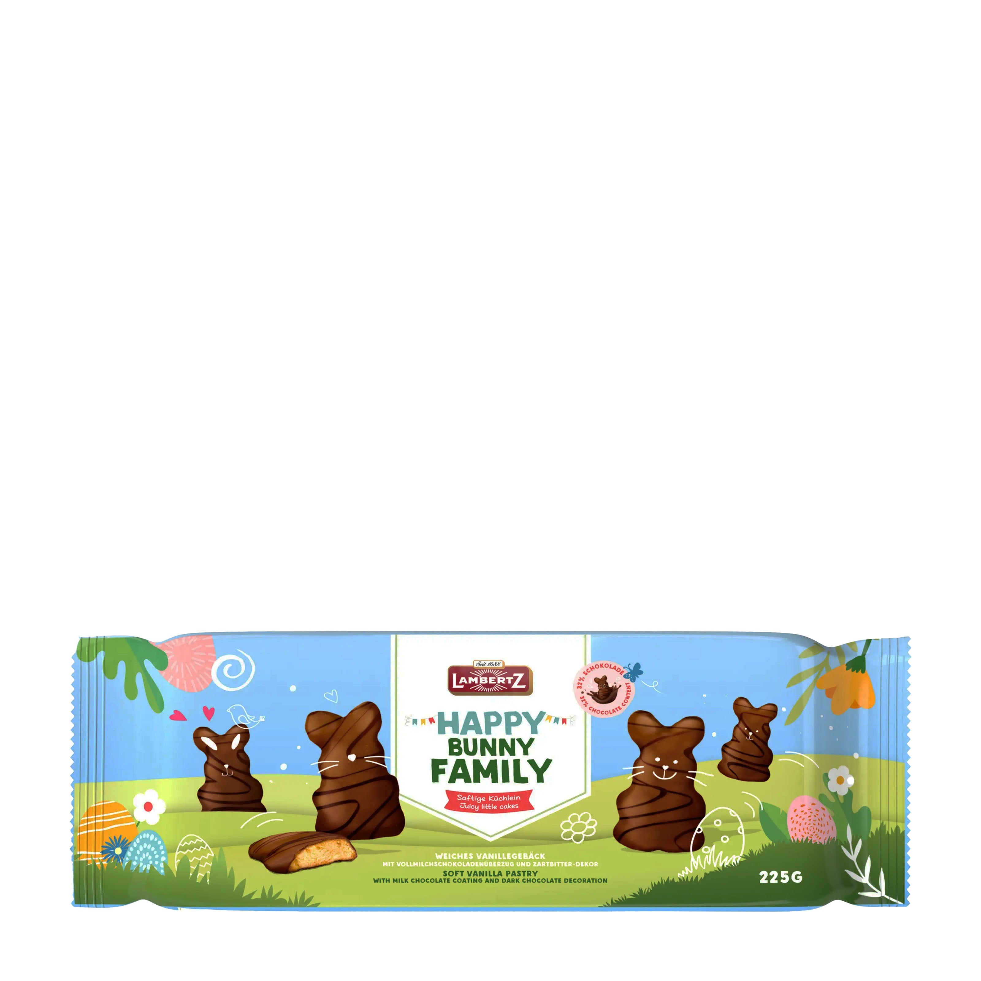 Packaging of Lambertz Happy Bunny Family cookies on a white background